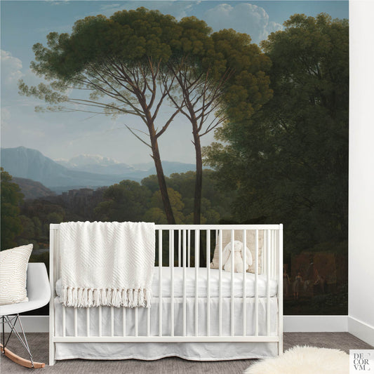Nursery with white crib and plush rabbit, set before Italianate pine grove landscape mural with towering umbrella pines.
