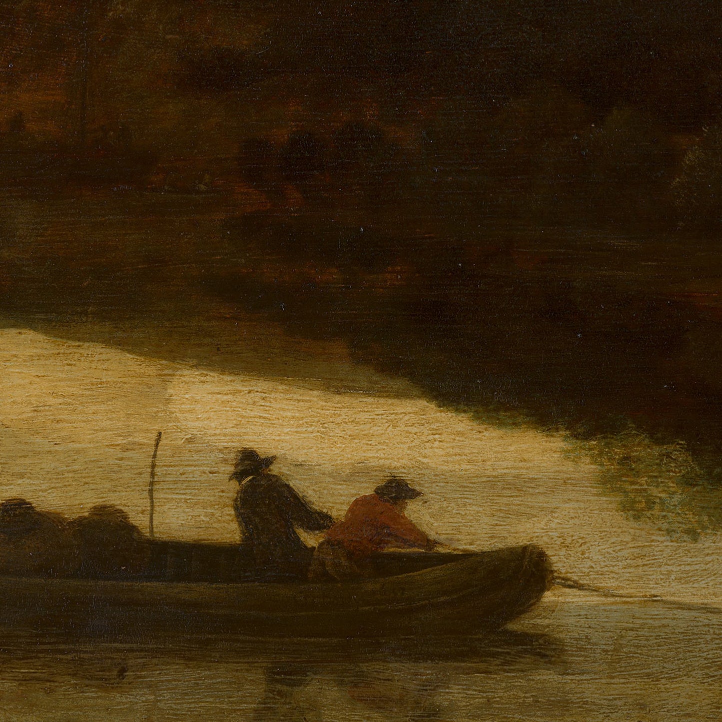 Moody Pastoral wallpaper mural detail: two boatmen in a rowboat on a reflective river beneath dark wooded banks, Dutch Old Master style.