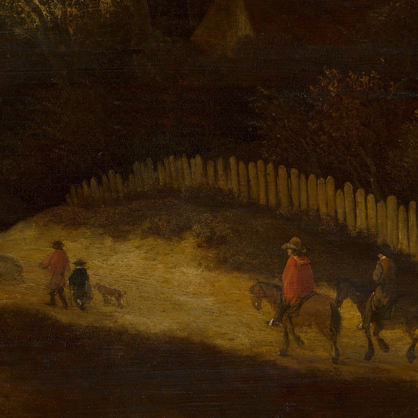 Moody Pastoral wallpaper mural detail: figures with a dog walking a sunlit path beside a picket fence.