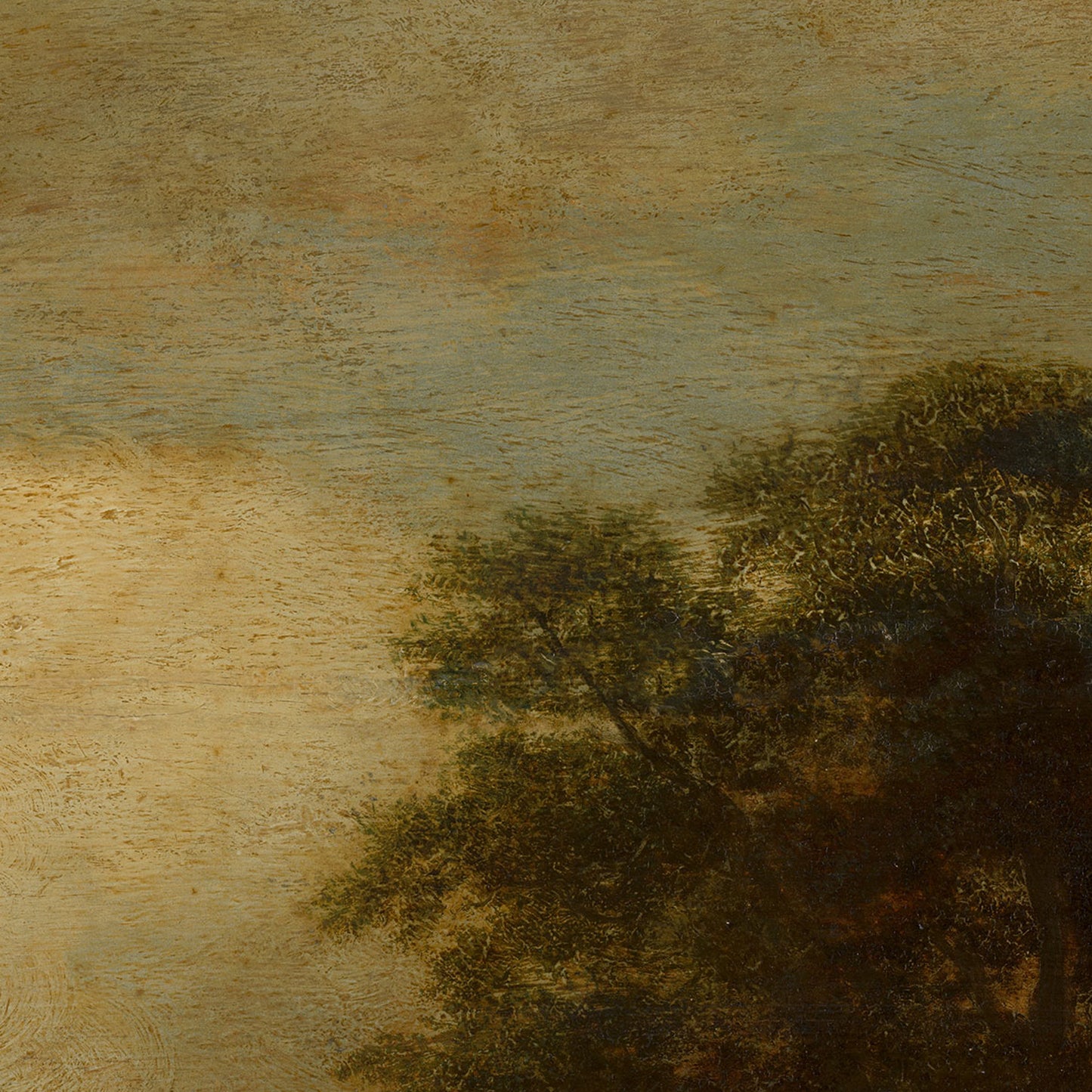 Moody Pastoral wallpaper mural detail: soft dusk sky with treetop silhouette and fine brushwork.