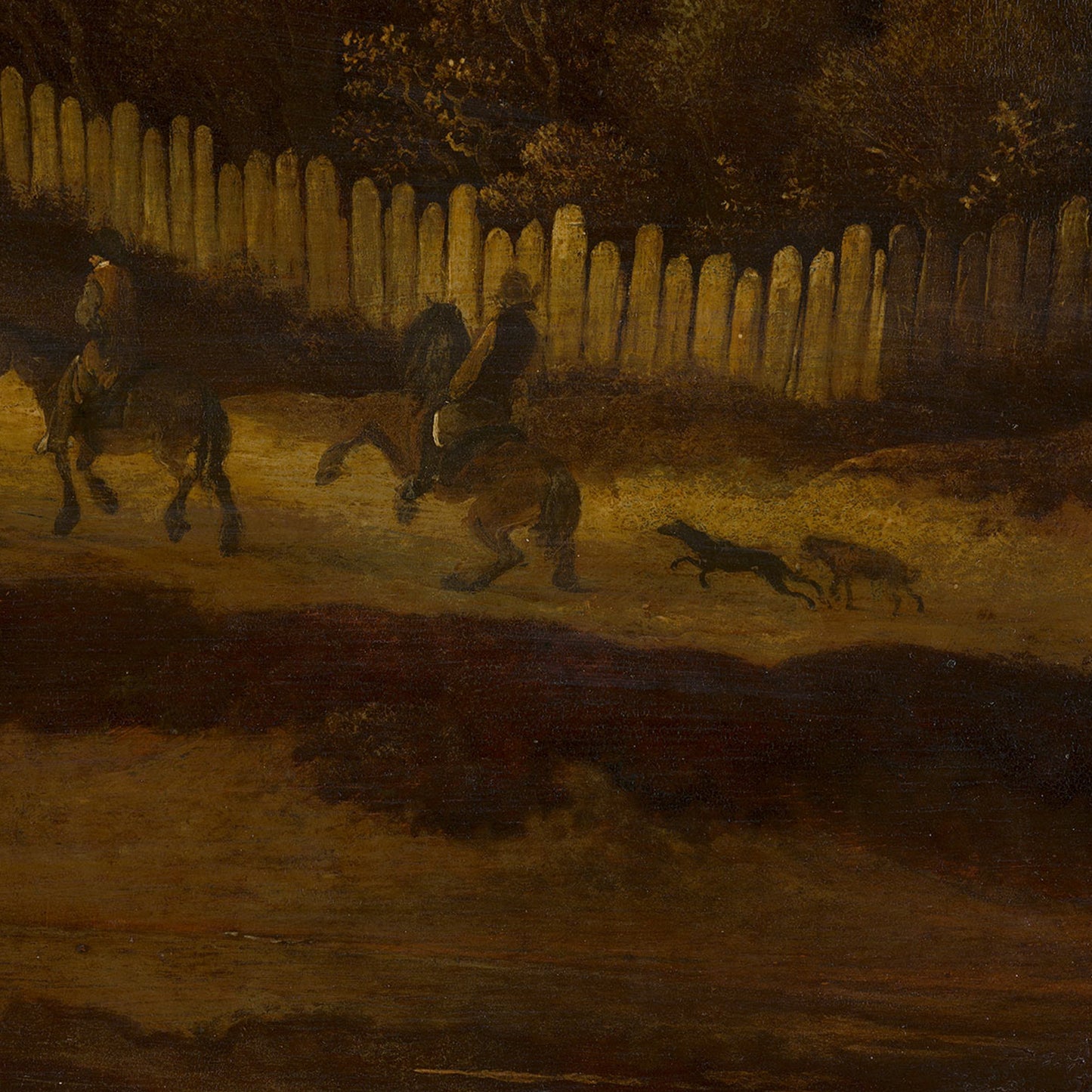 Moody Pastoral wallpaper mural detail: mounted riders and hounds moving along a fence line beside the river at dusk.