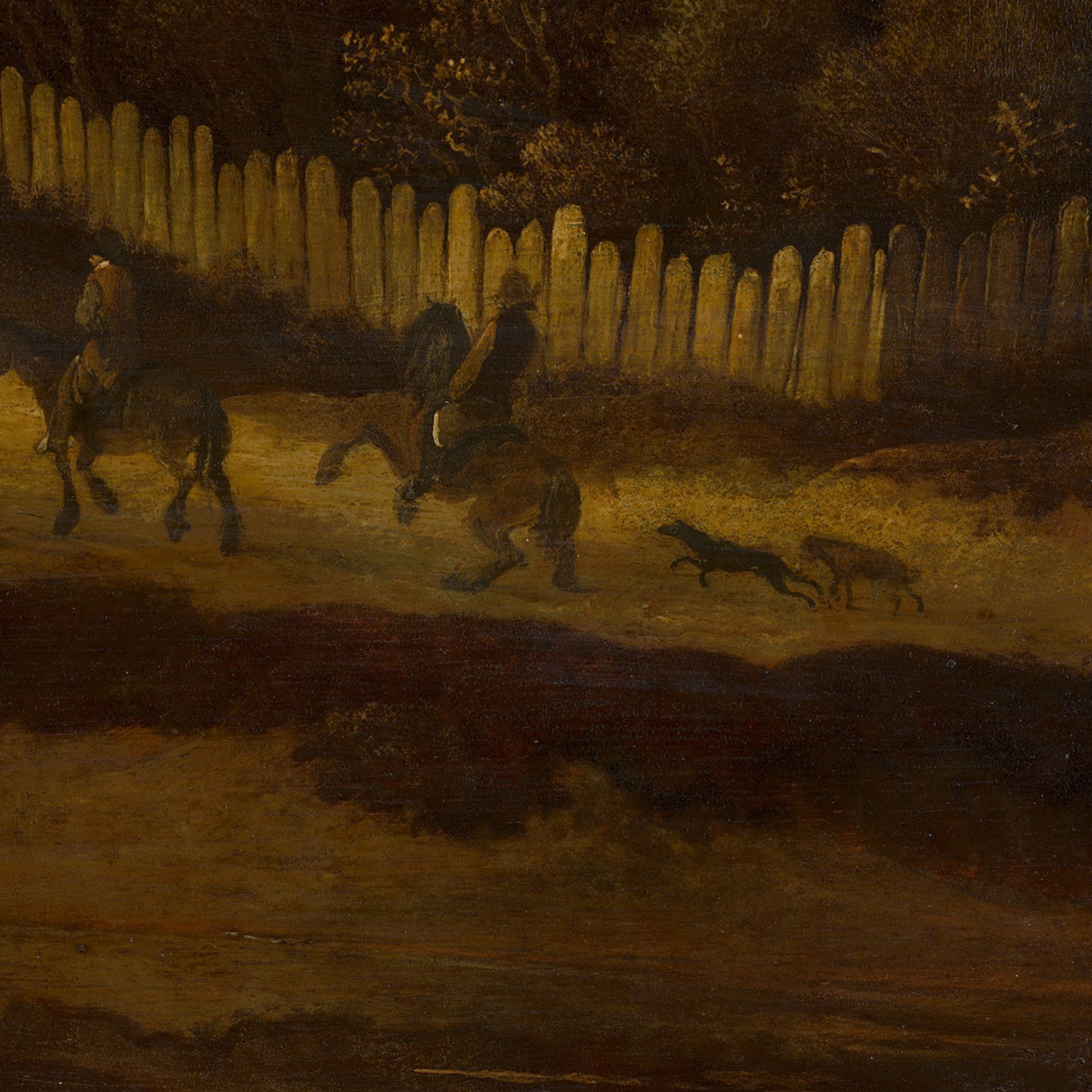 Moody Pastoral wallpaper mural detail: mounted riders and hounds moving along a fence line beside the river at dusk.