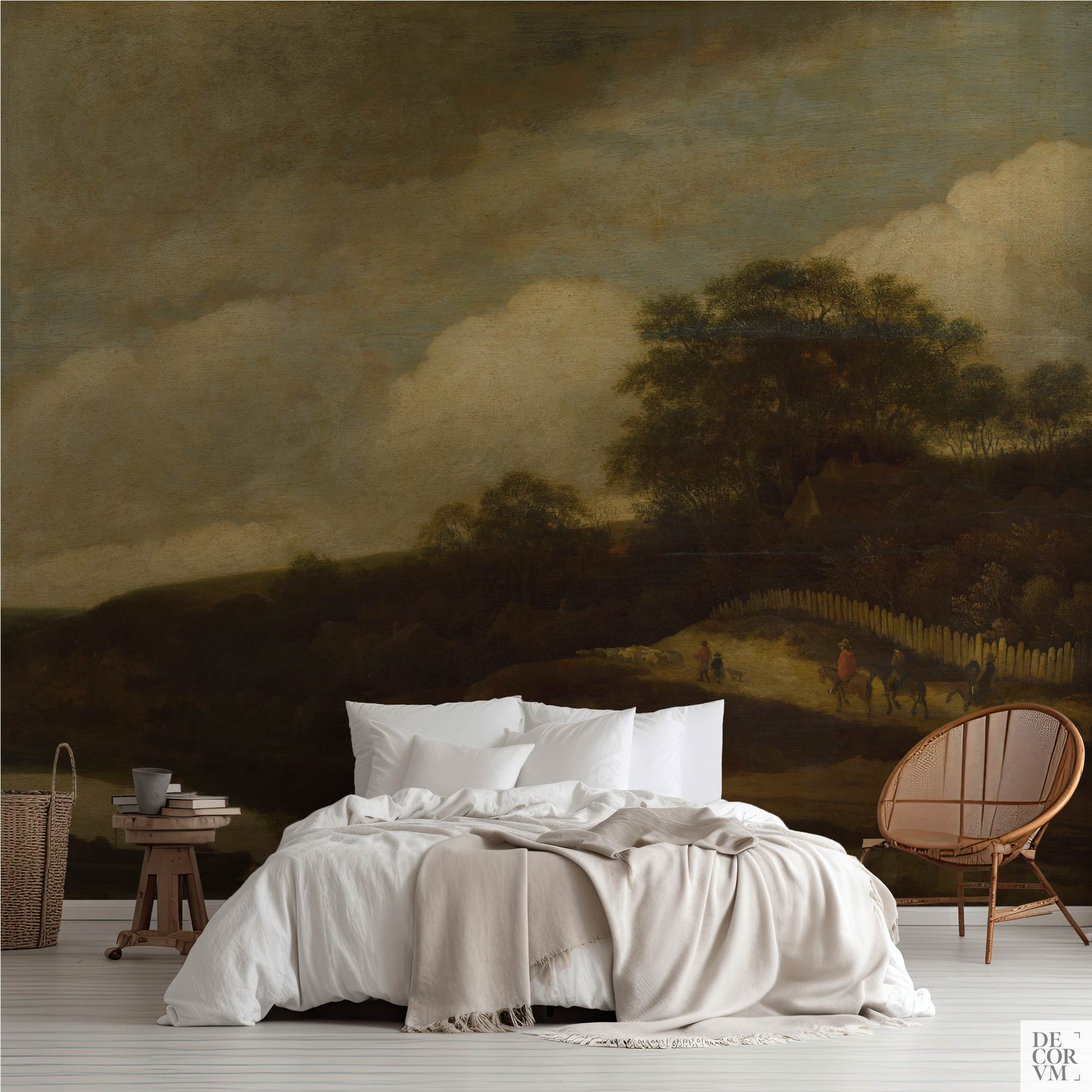 Moody Pastoral Wallpaper Mural in bedroom—Dutch Old Master landscape with dramatic clouds, riders and fence, deep greens and umbers.
