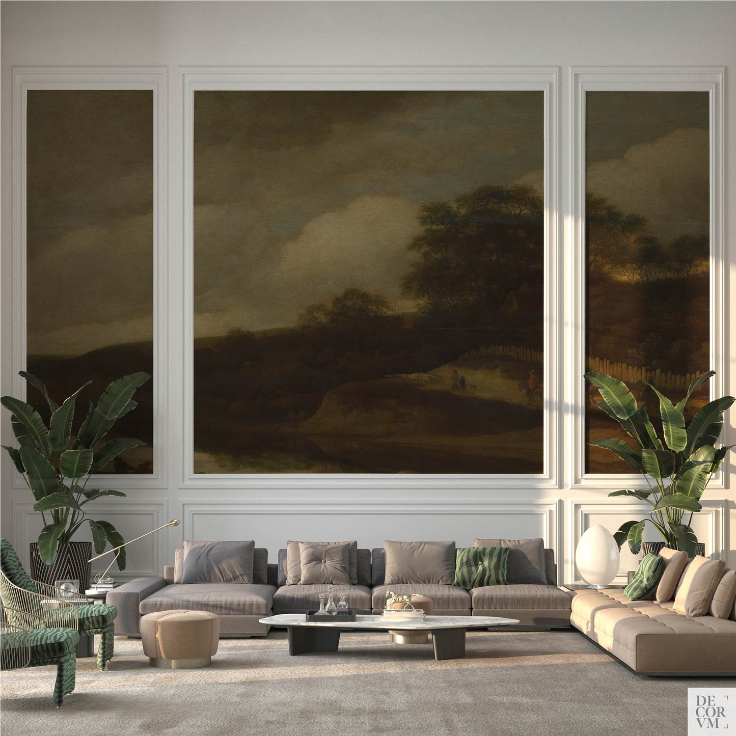 Moody Pastoral Wallpaper Mural set within white panel moulding; Dutch Old Master hillside scene anchors a sophisticated living room.
