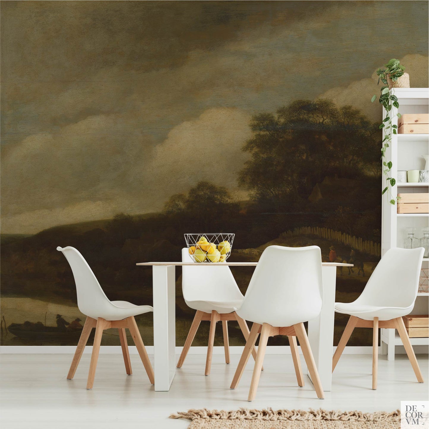 Moody Pastoral Wallpaper Mural in bright dining space; brooding sky and wooded ridge add heritage depth to a modern table setting.