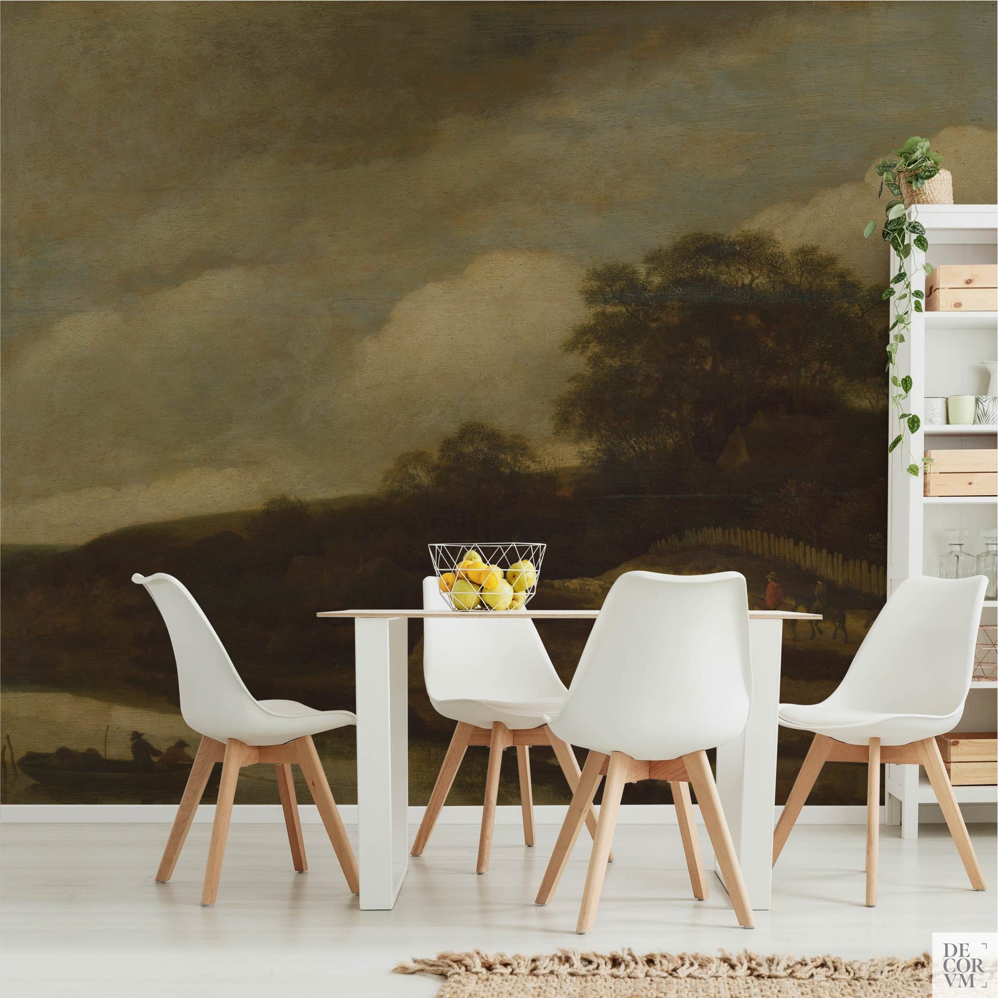Moody Pastoral Wallpaper Mural in bright dining space; brooding sky and wooded ridge add heritage depth to a modern table setting.