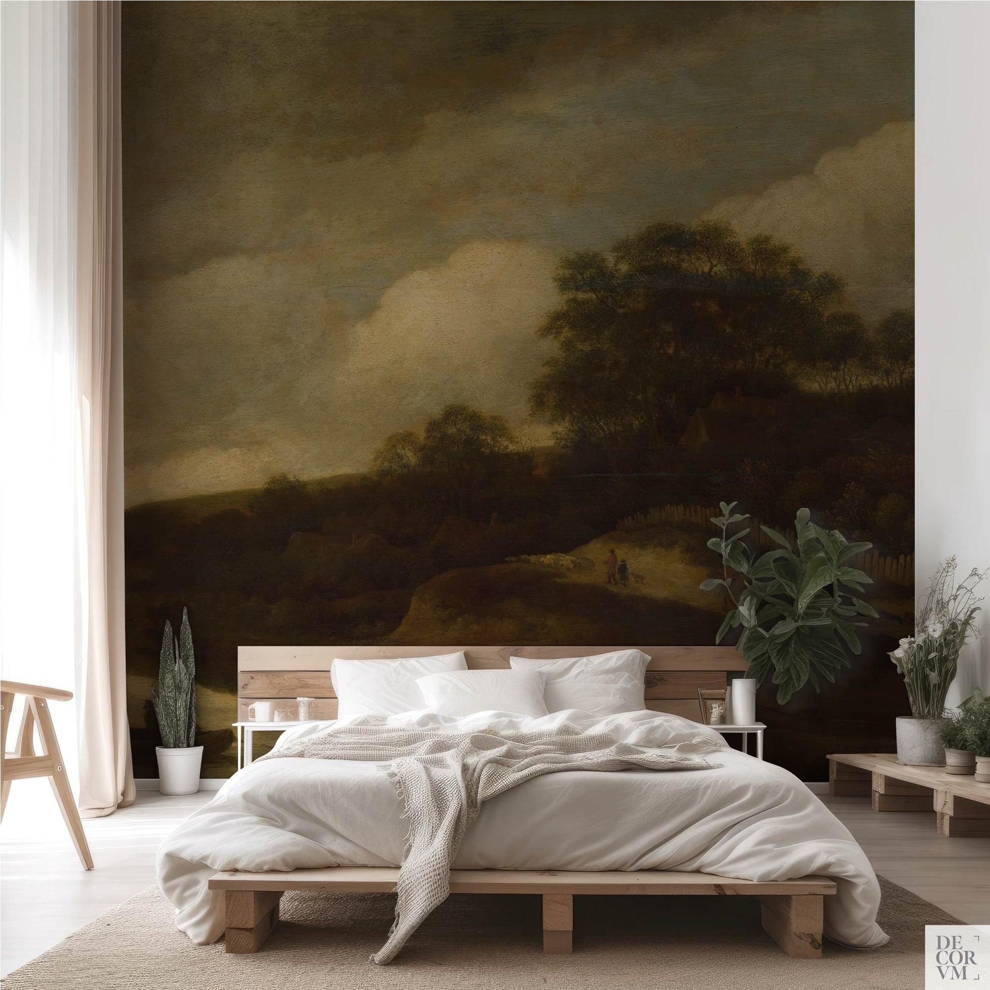 Moody Pastoral Wallpaper Mural behind minimalist wood bed; Dutch Old Master dusk landscape with soft clouds and distant figures.