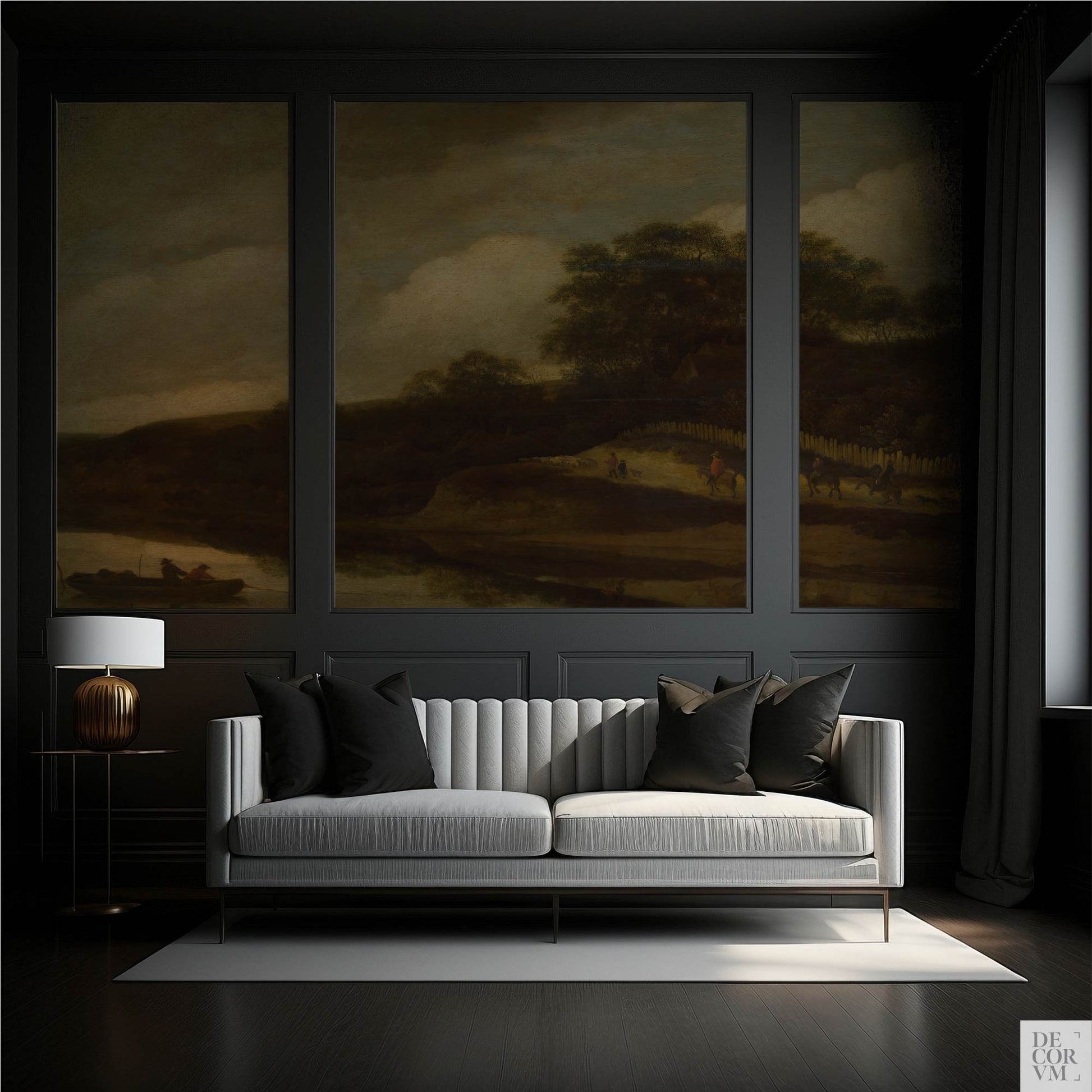 Moody Pastoral Wallpaper Mural in charcoal-panelled salon; museum-style Dutch Old Master scene with river and riders for formal living rooms.