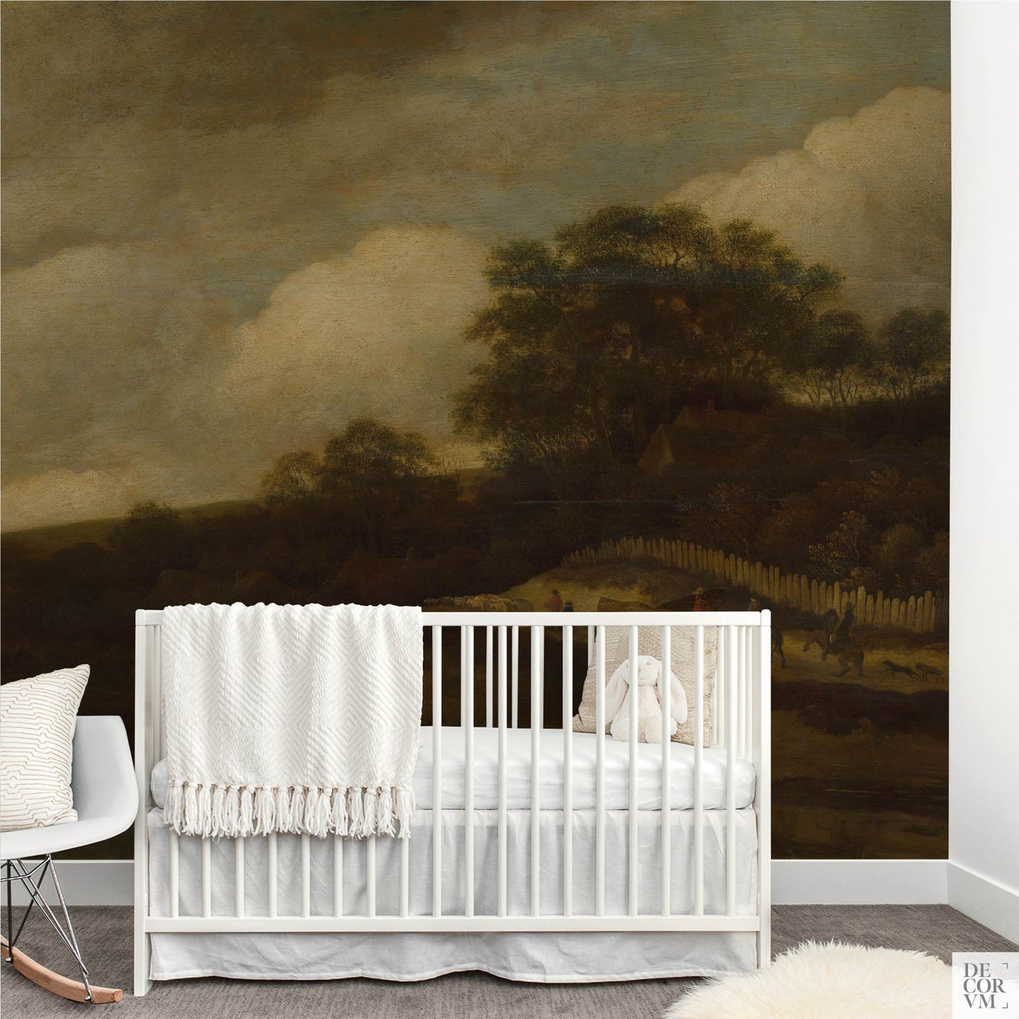 Moody Pastoral Wallpaper Mural in nursery; calm clouds, trees, and picket fence create a soothing, gender-neutral Old Master backdrop.