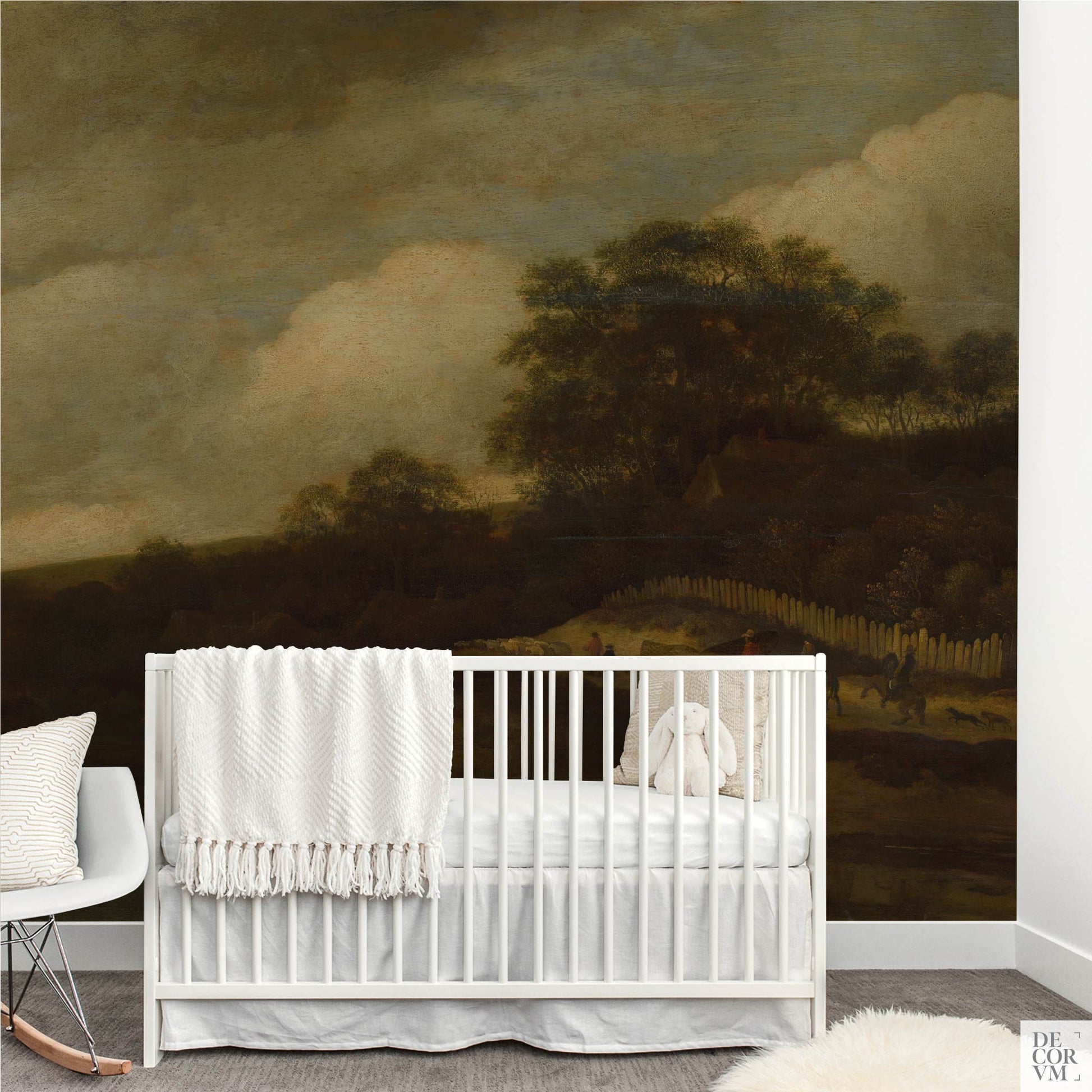 Moody Pastoral Wallpaper Mural in nursery; calm clouds, trees, and picket fence create a soothing, gender-neutral Old Master backdrop.