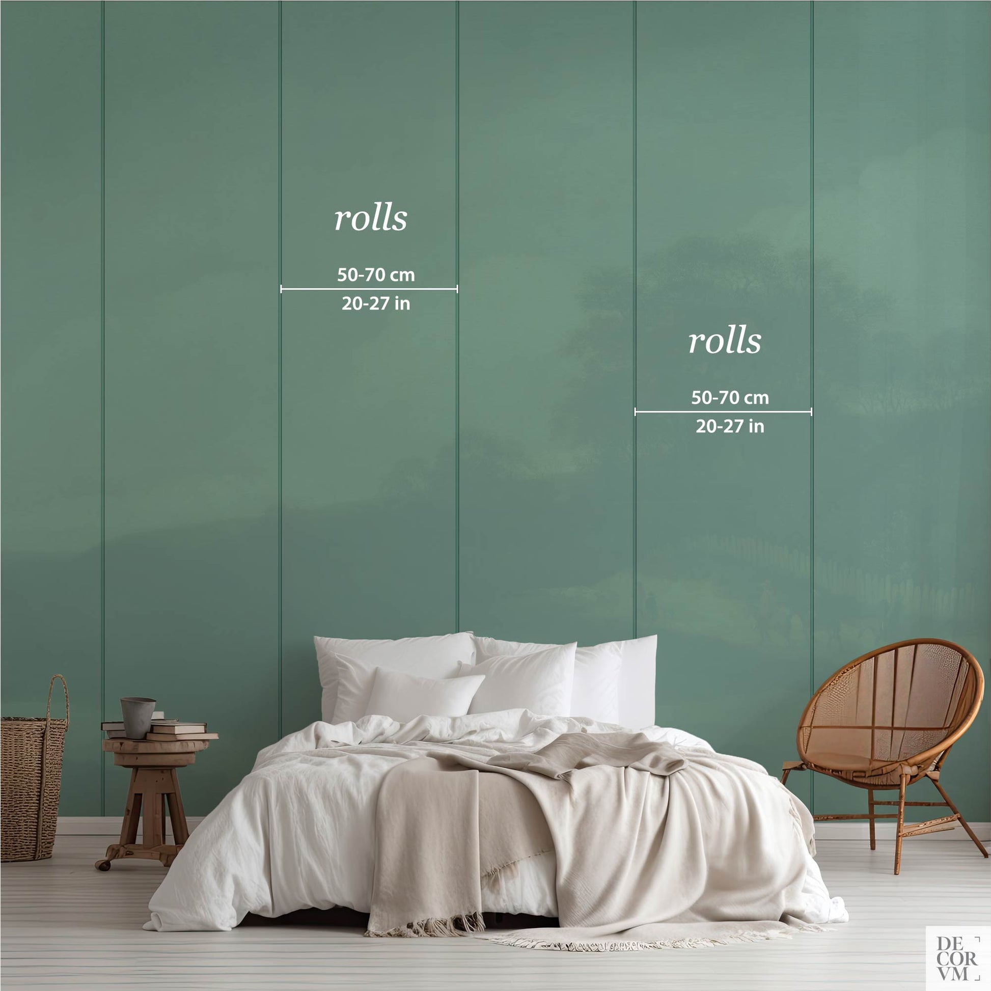 Moody Pastoral Wallpaper Mural size guide—panel layout showing roll widths 50–70 cm (20–27 in) for scaling and ordering.