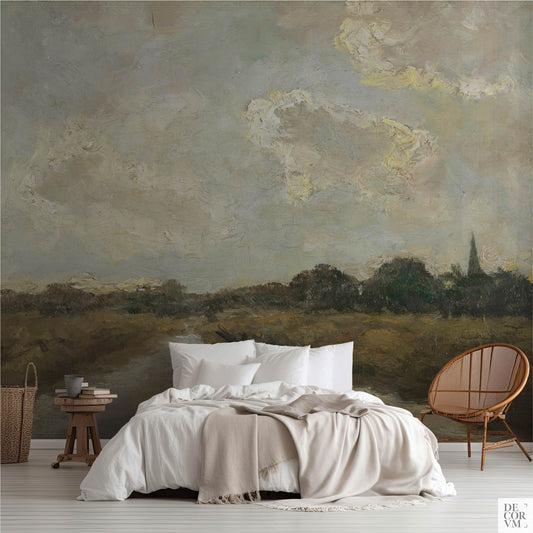Oil Painting Landscape with River wallpaper mural styled in a calm bedroom, textured grey sky over meadow and distant treeline.