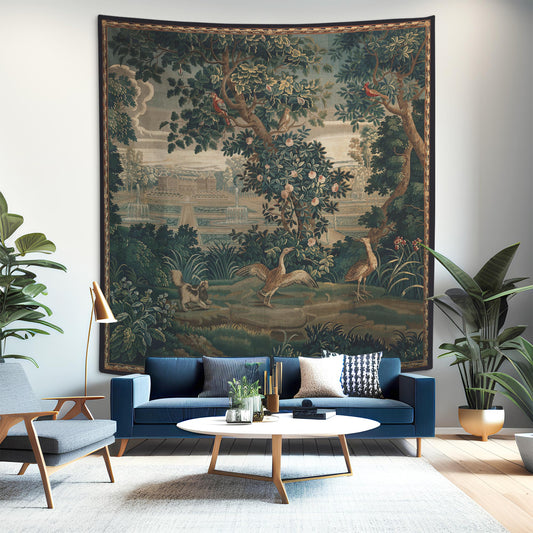 Verdure Chateau Garden wall tapestry in a modern living room—French garden scene with birds, trees, and fountains.