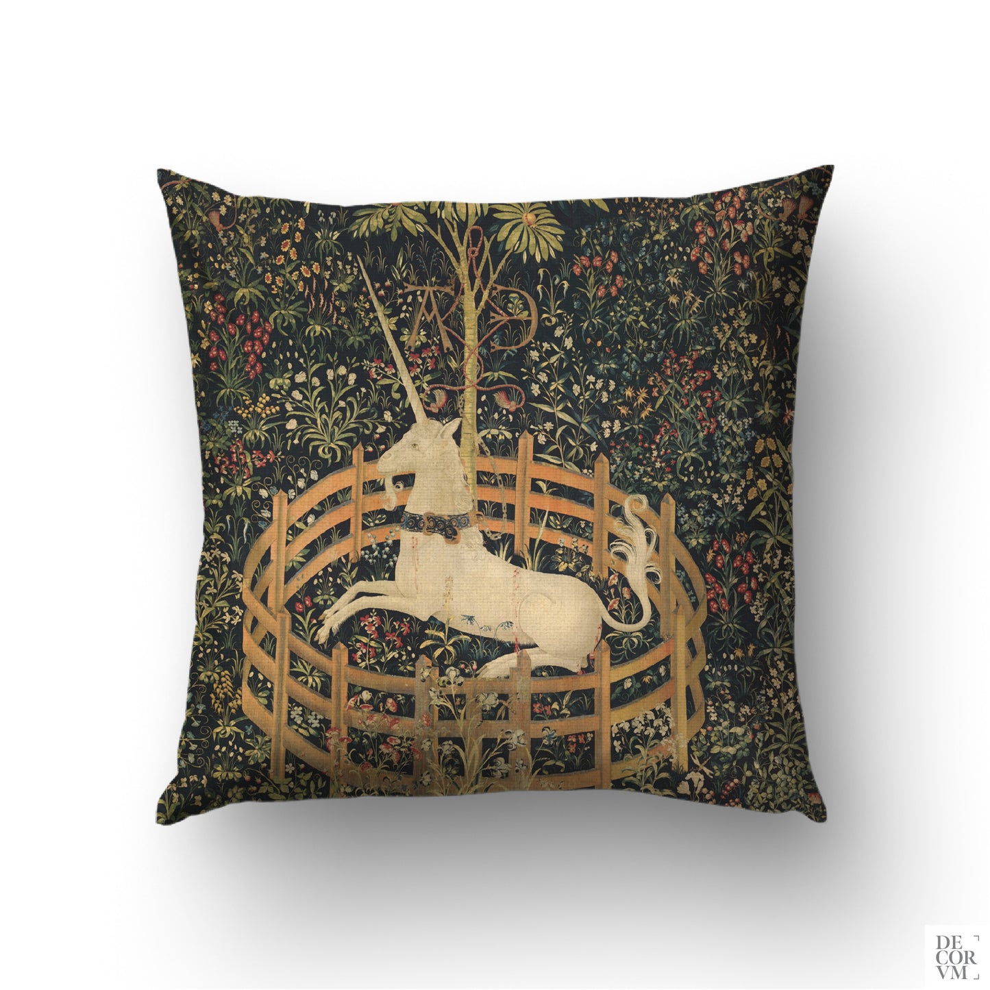 The Unicorn in Captivity cushion cover featuring a resting white unicorn surrounded by dark botanical millefleur — medieval dark academia decor.