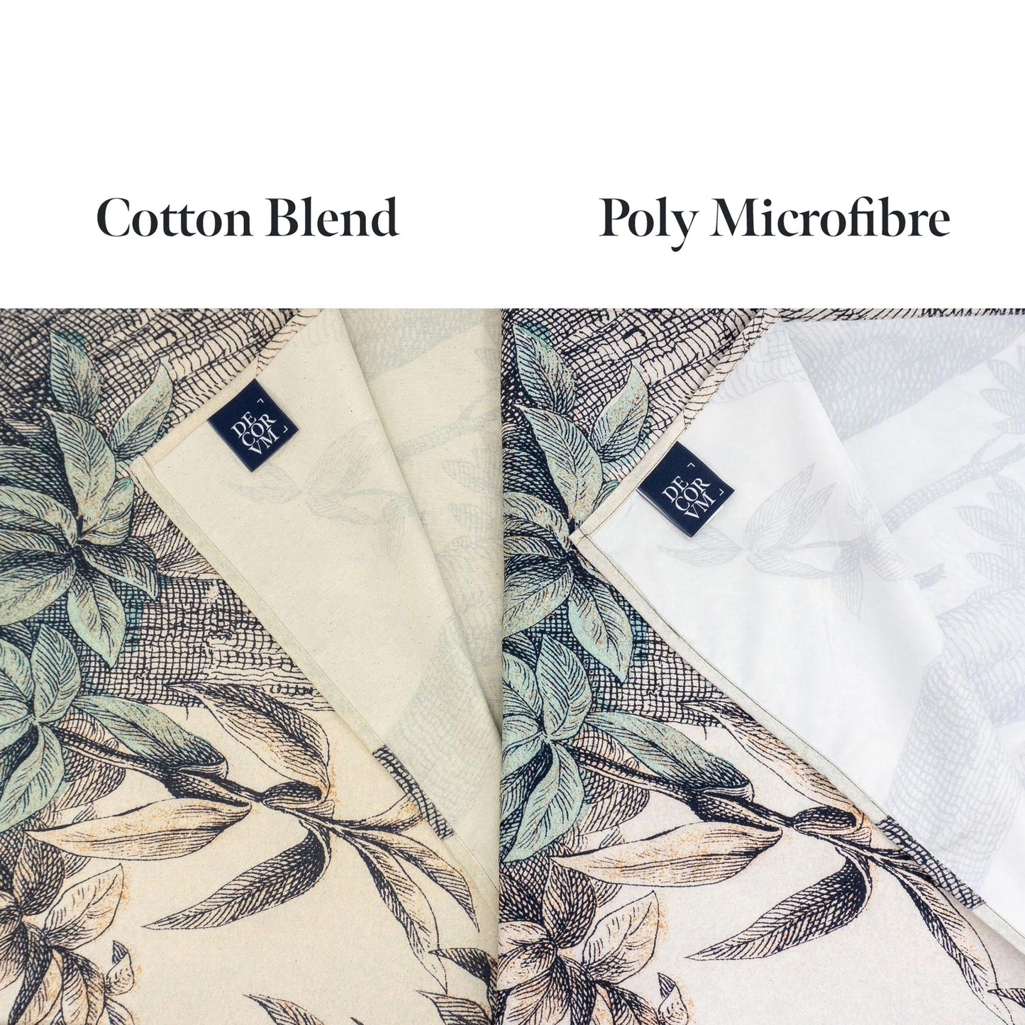 Fabric comparison for Vintage Snake Wall Tapestry: Cotton Blend vs Poly Microfibre, folded corners showing texture and stitching.