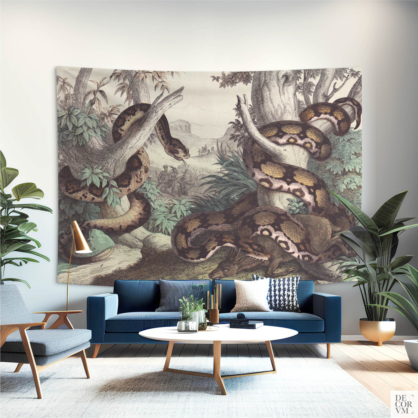 Vintage Snake Wall Tapestry – Natural History Python styled over a modern navy sofa; antique python print with sage leaves, bright living room.