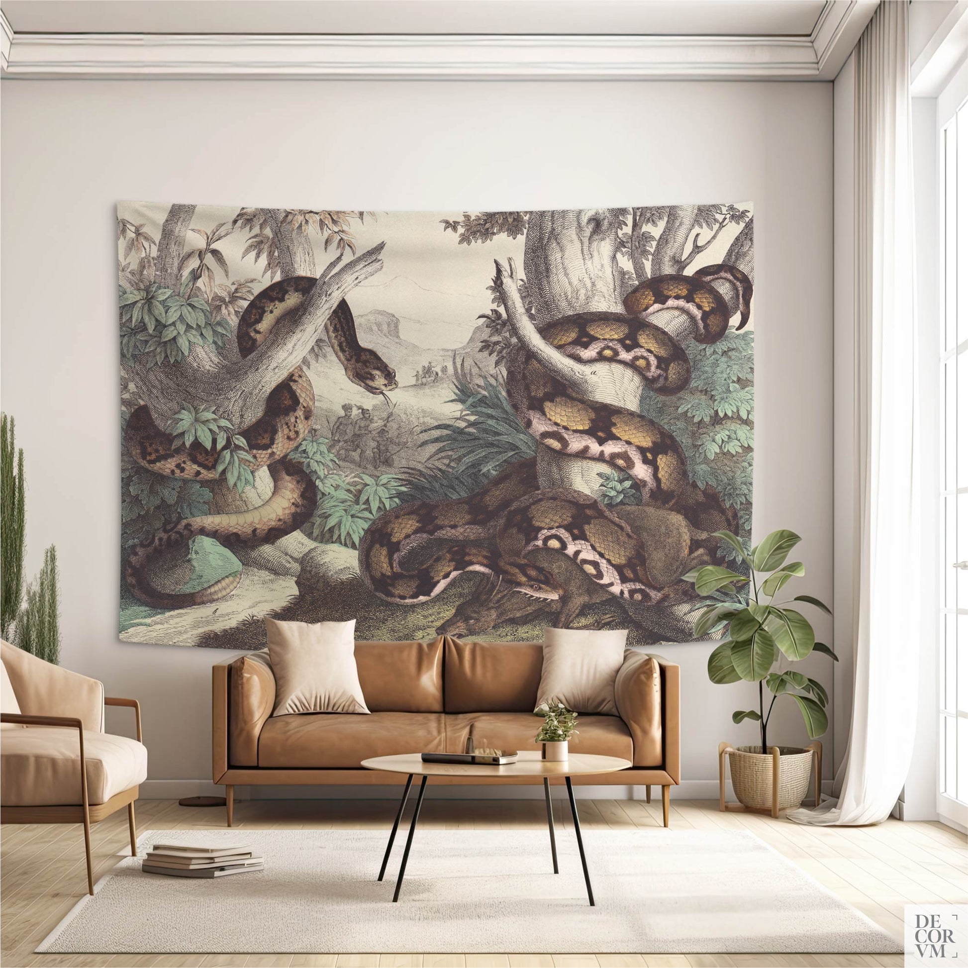 Vintage Snake Wall Tapestry – Natural History Python above a camel leather sofa; detailed serpent engraving adds earthy tone to a sunlit lounge.