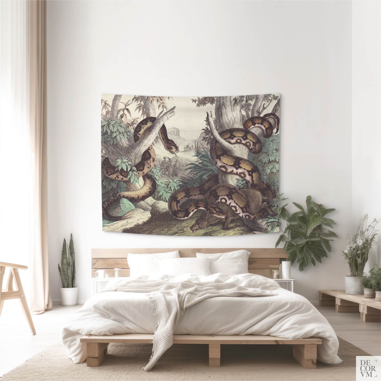 Vintage Snake Wall Tapestry – Natural History Python in a minimalist bedroom; medium size above a platform bed with plants and soft light.