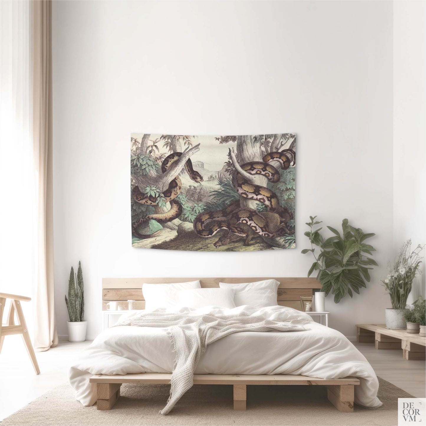Vintage Snake Wall Tapestry – Natural History Python shown small over a low bed; neutral Scandinavian styling in an airy white room.