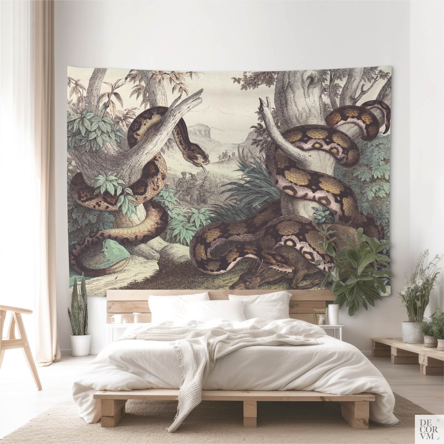 Vintage Snake Wall Tapestry – Natural History Python oversized statement above bed; coiled serpent and tropical leaves, bright natural light.