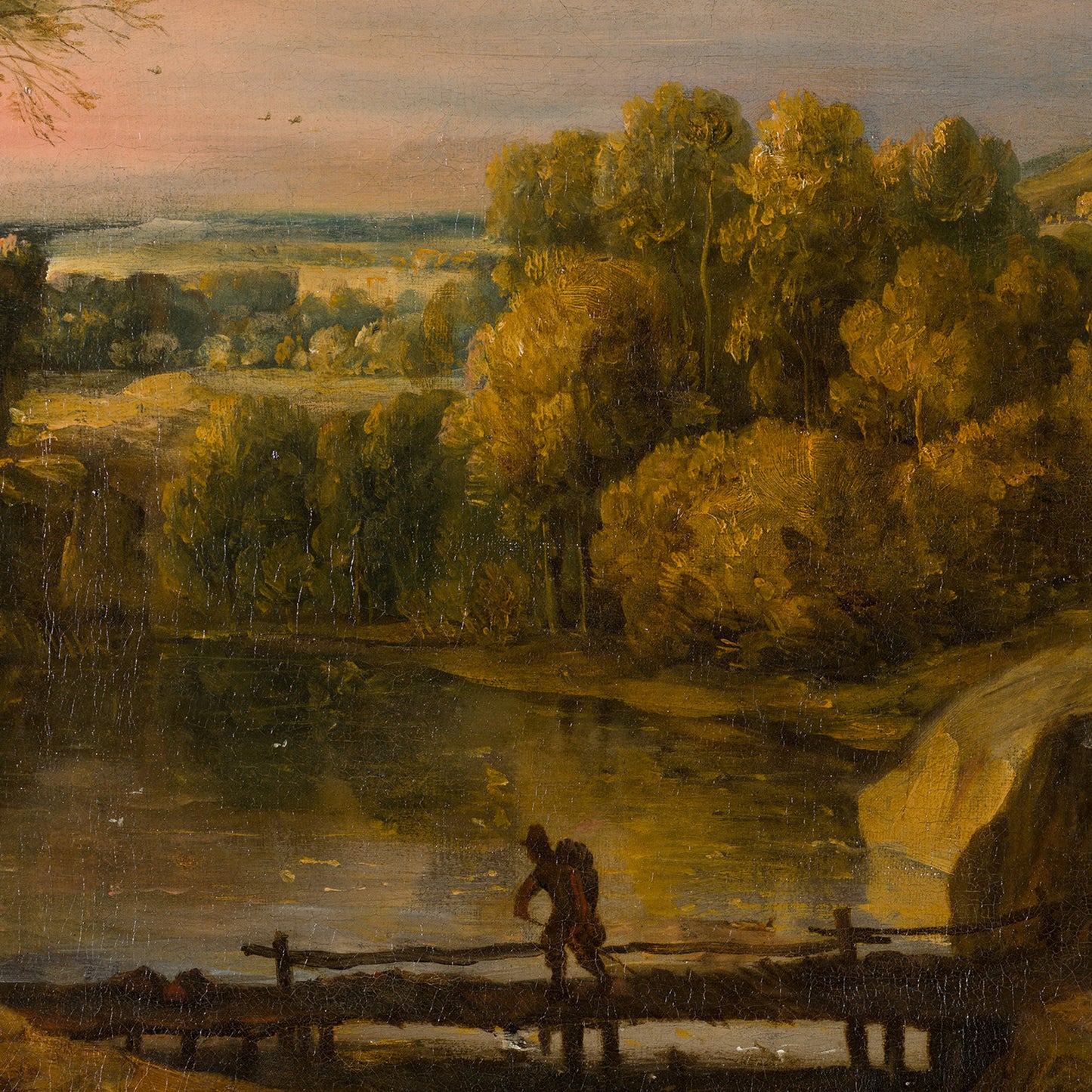 Waterfall Landscape Wallpaper Mural detail: traveler on rustic footbridge over reflective river with golden trees at dusk.