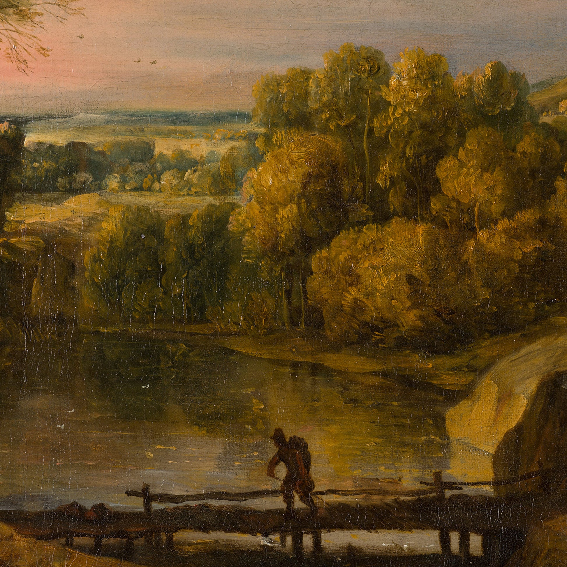 Waterfall Landscape Wallpaper Mural detail: traveler on rustic footbridge over reflective river with golden trees at dusk.