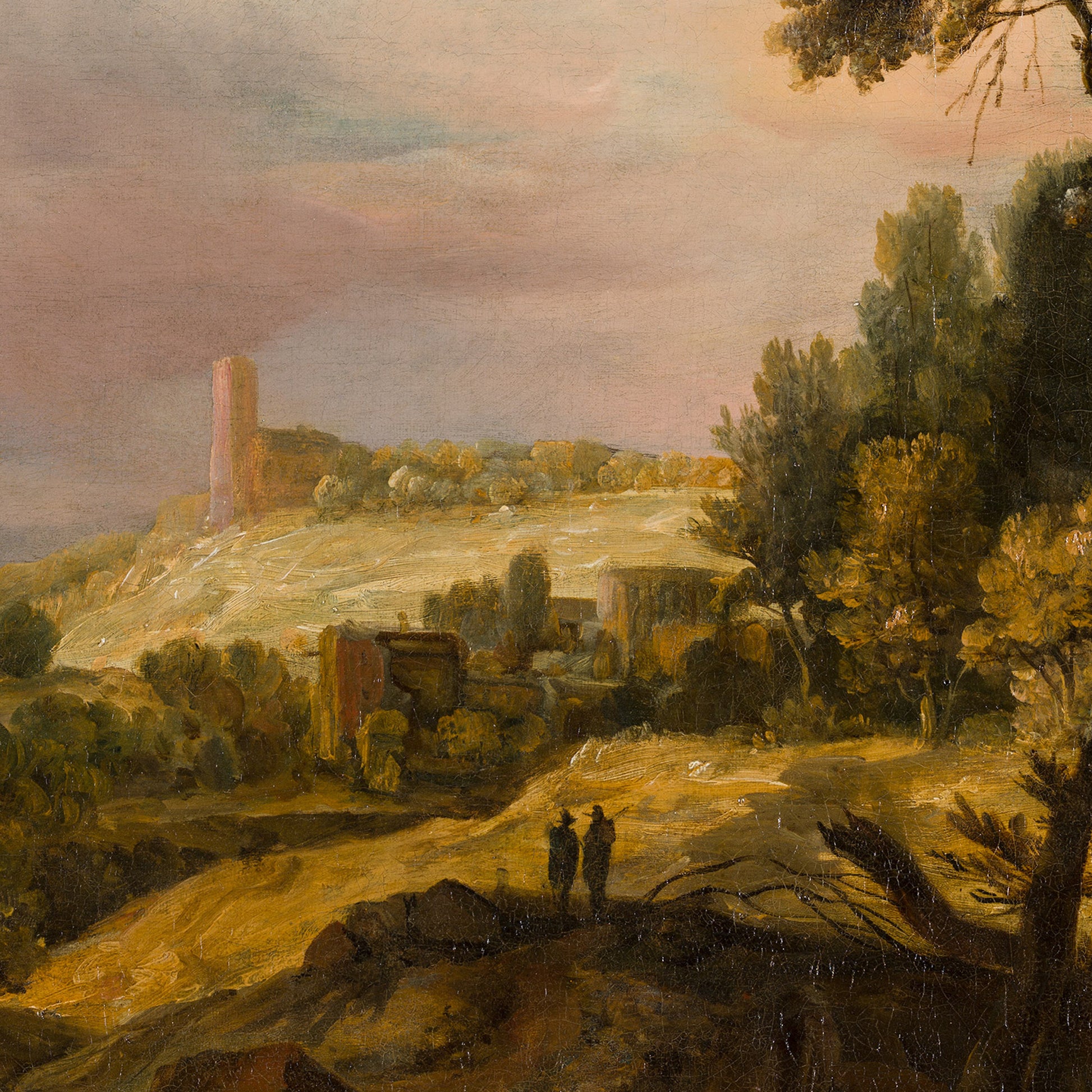 Waterfall Landscape Wallpaper Mural detail: distant hill with tower ruin, two figures on a path, warm evening sky.