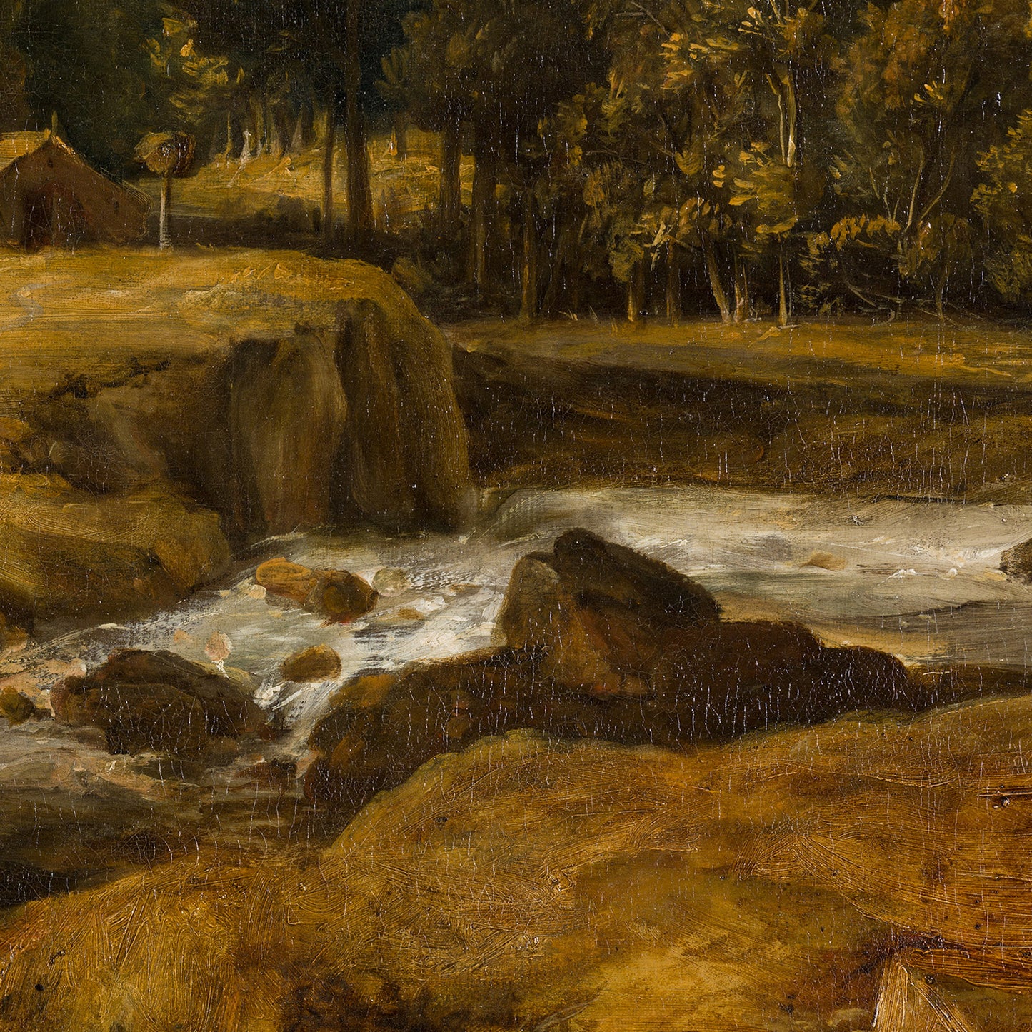Waterfall Landscape Wallpaper Mural detail: rocky cascade with rushing stream and rounded boulders below a wooded bank.