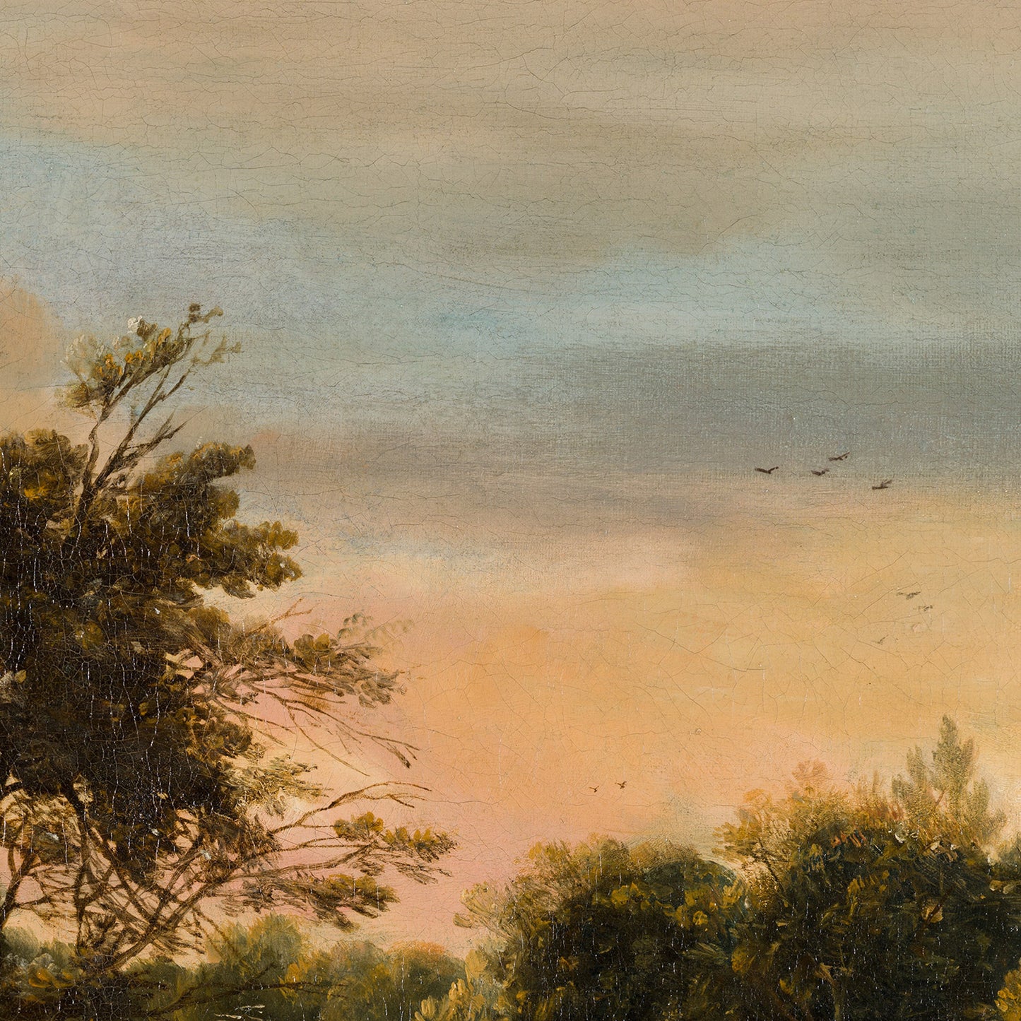 Waterfall Landscape Wallpaper Mural detail: peach-blue sunset sky with birds in flight and a treetop silhouette.