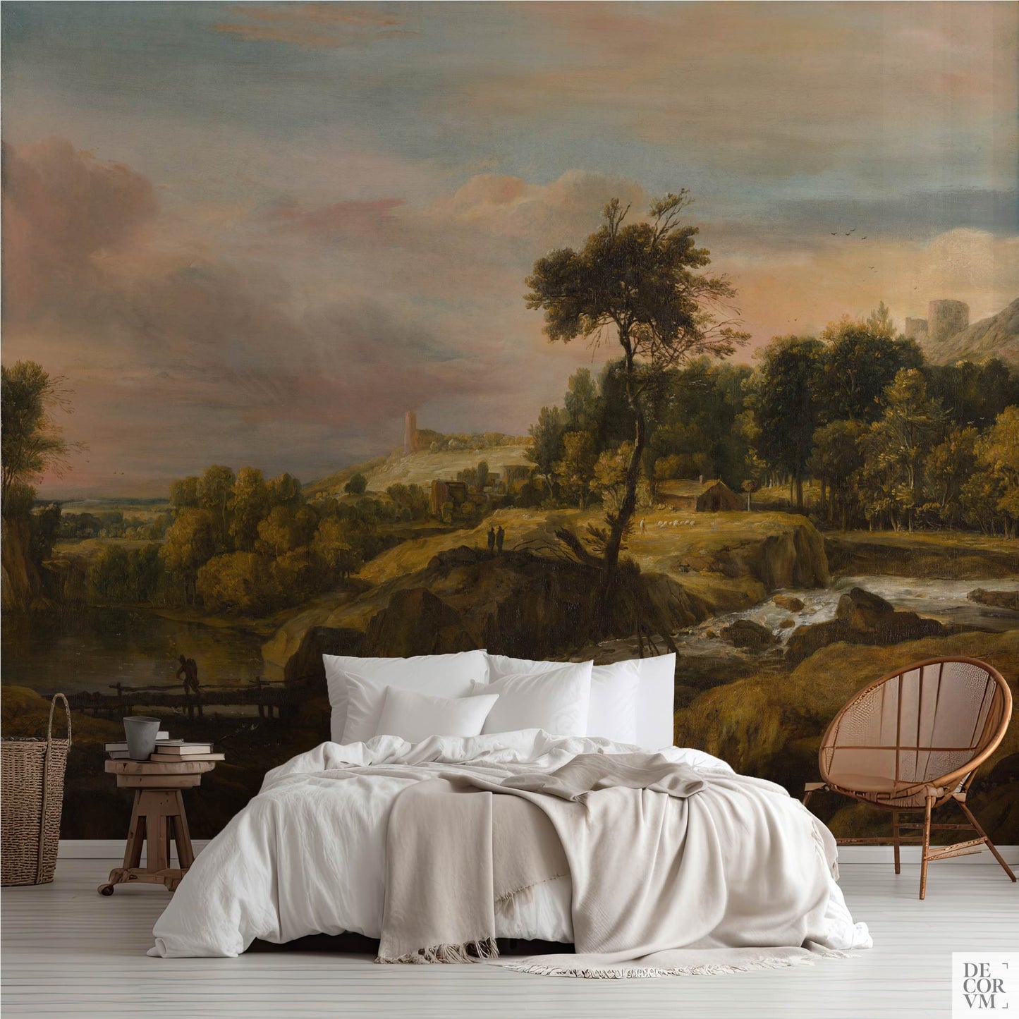 Waterfall Landscape Wallpaper Mural, Dutch Golden Age—rocky river and golden trees behind a serene bedroom setup.