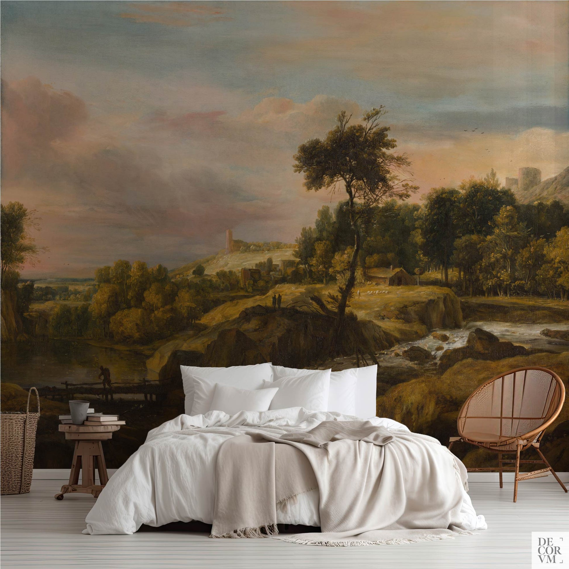 Waterfall Landscape Wallpaper Mural, Dutch Golden Age—rocky river and golden trees behind a serene bedroom setup.