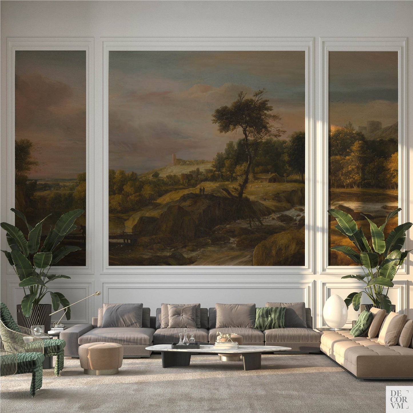 Waterfall Landscape Wallpaper Mural installed within white panel moulding; grand living room anchored by a Dutch Golden Age view.