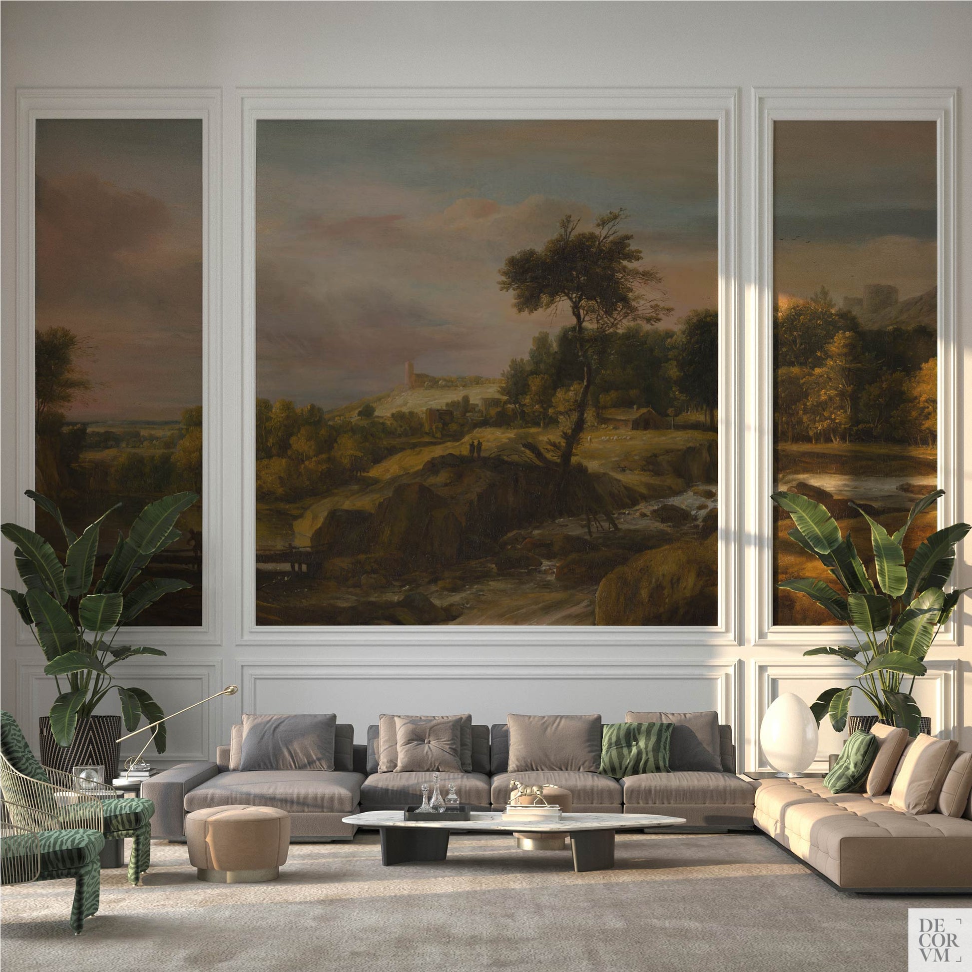 Waterfall Landscape Wallpaper Mural installed within white panel moulding; grand living room anchored by a Dutch Golden Age view.