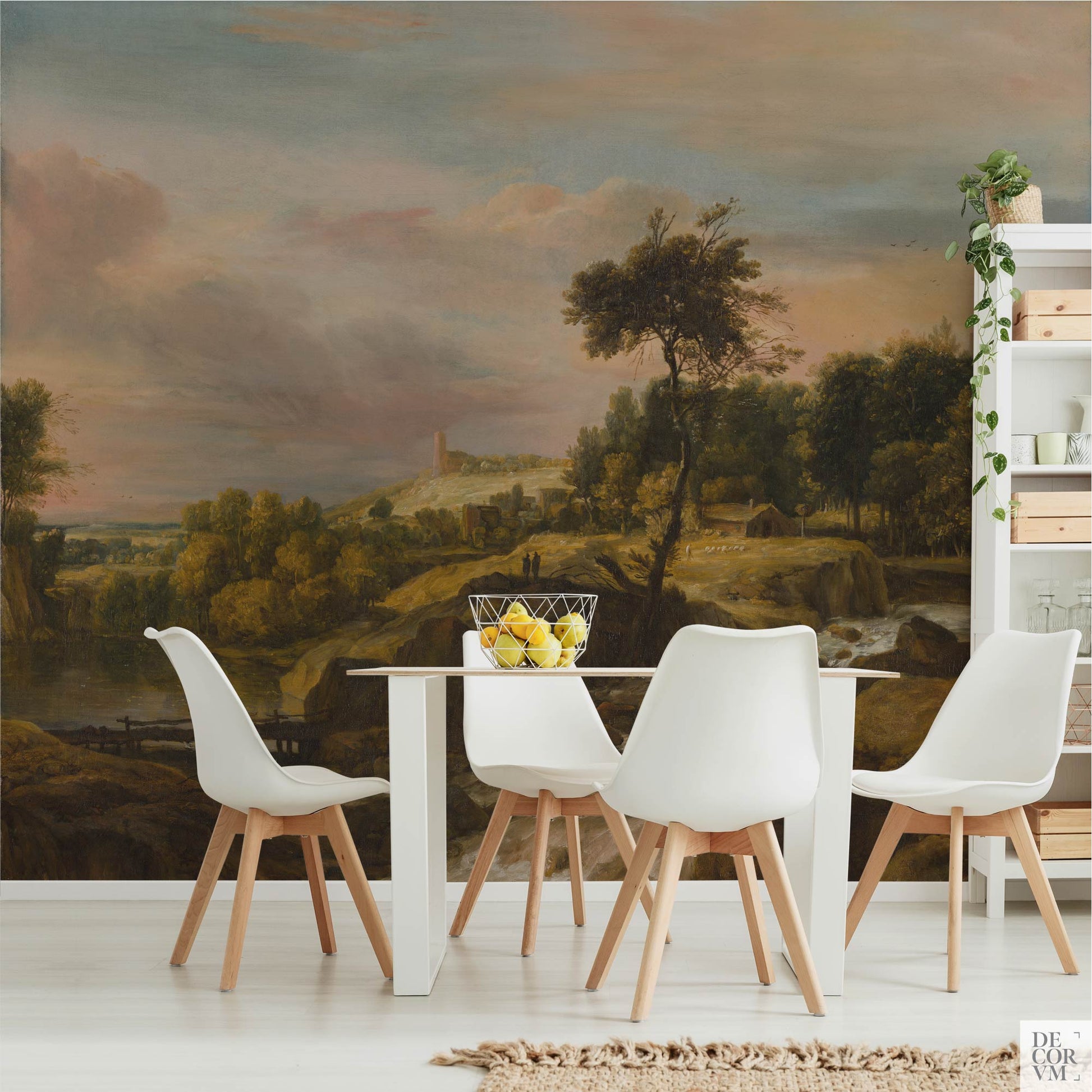 Waterfall Landscape Wallpaper Mural in a bright dining space; sunset sky, river and trees bring historic warmth.