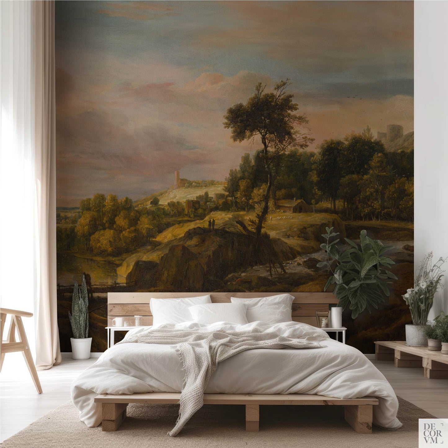 Waterfall Landscape Wallpaper Mural behind minimalist wood bed; Dutch Golden Age scene with rocky ledges and rushing water.