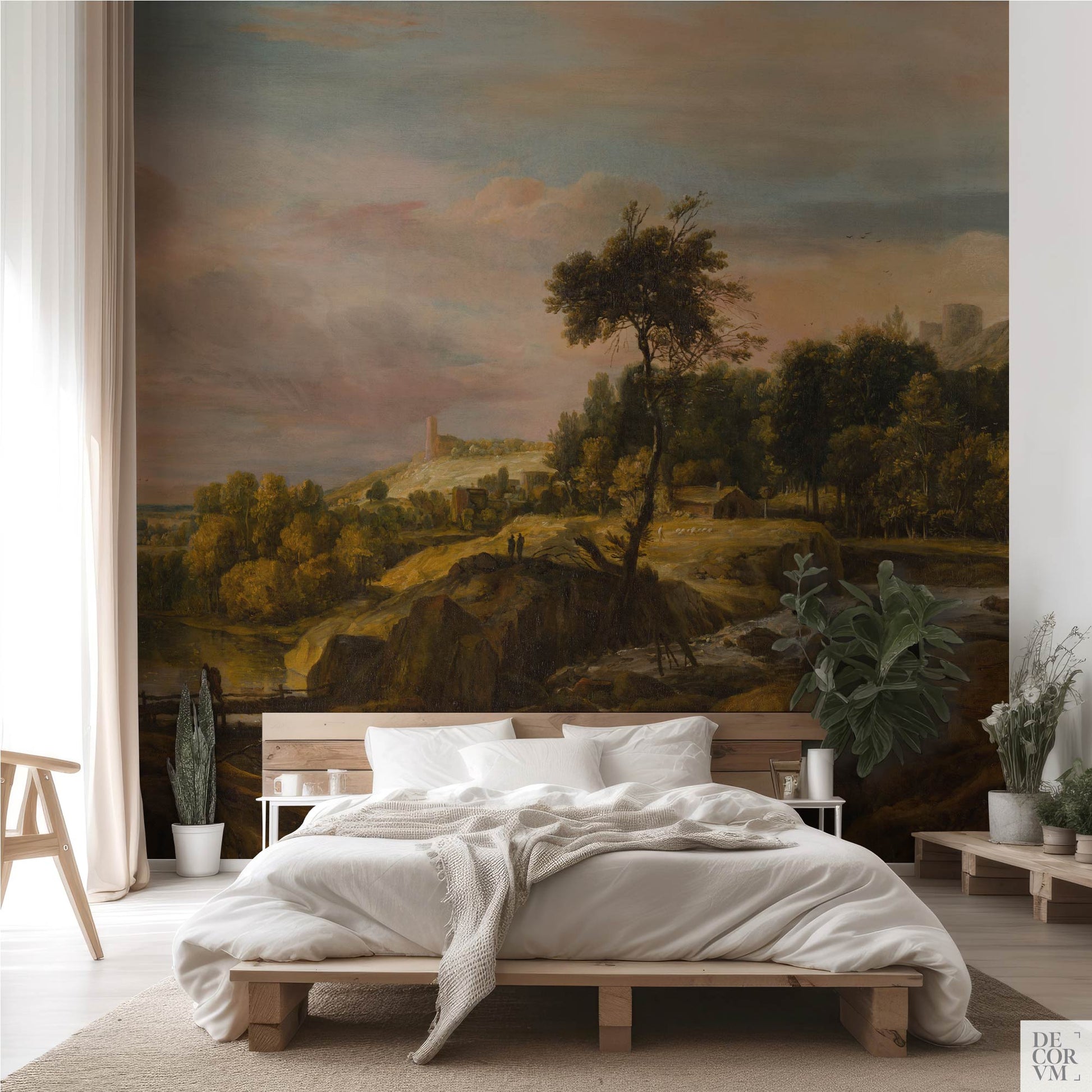 Waterfall Landscape Wallpaper Mural behind minimalist wood bed; Dutch Golden Age scene with rocky ledges and rushing water.
