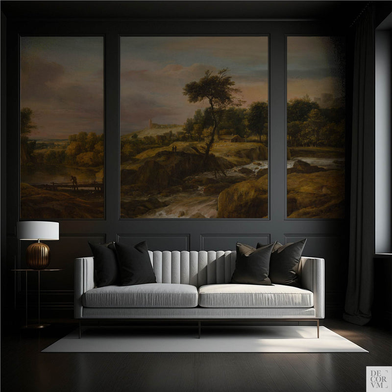Waterfall landscape wallpaper mural in a charcoal paneled salon — Dutch Golden Age scene framed in three classic panels by Decorvm