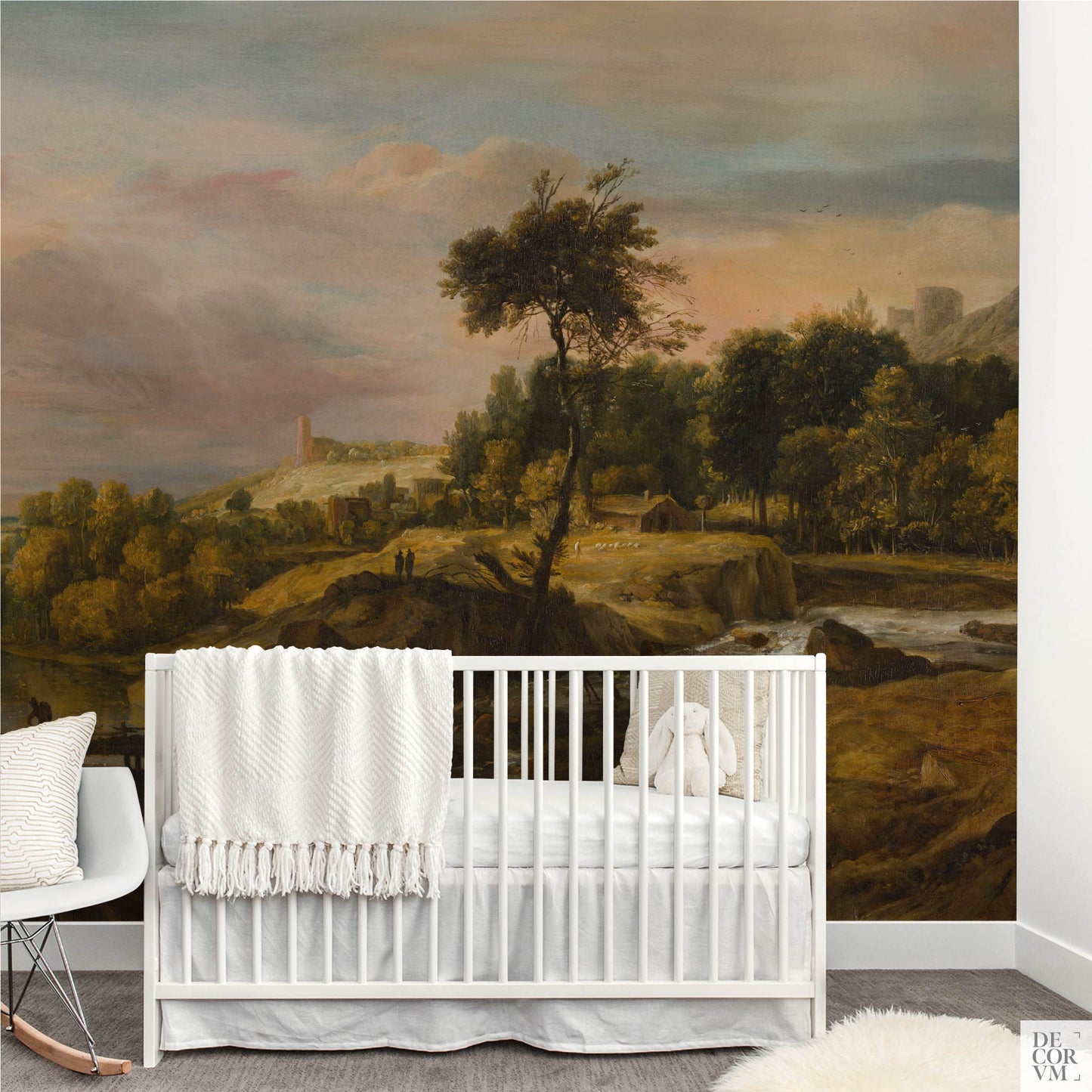 Waterfall Landscape Wallpaper Mural in nursery; soft sky and gentle river create a calming, gender-neutral backdrop.