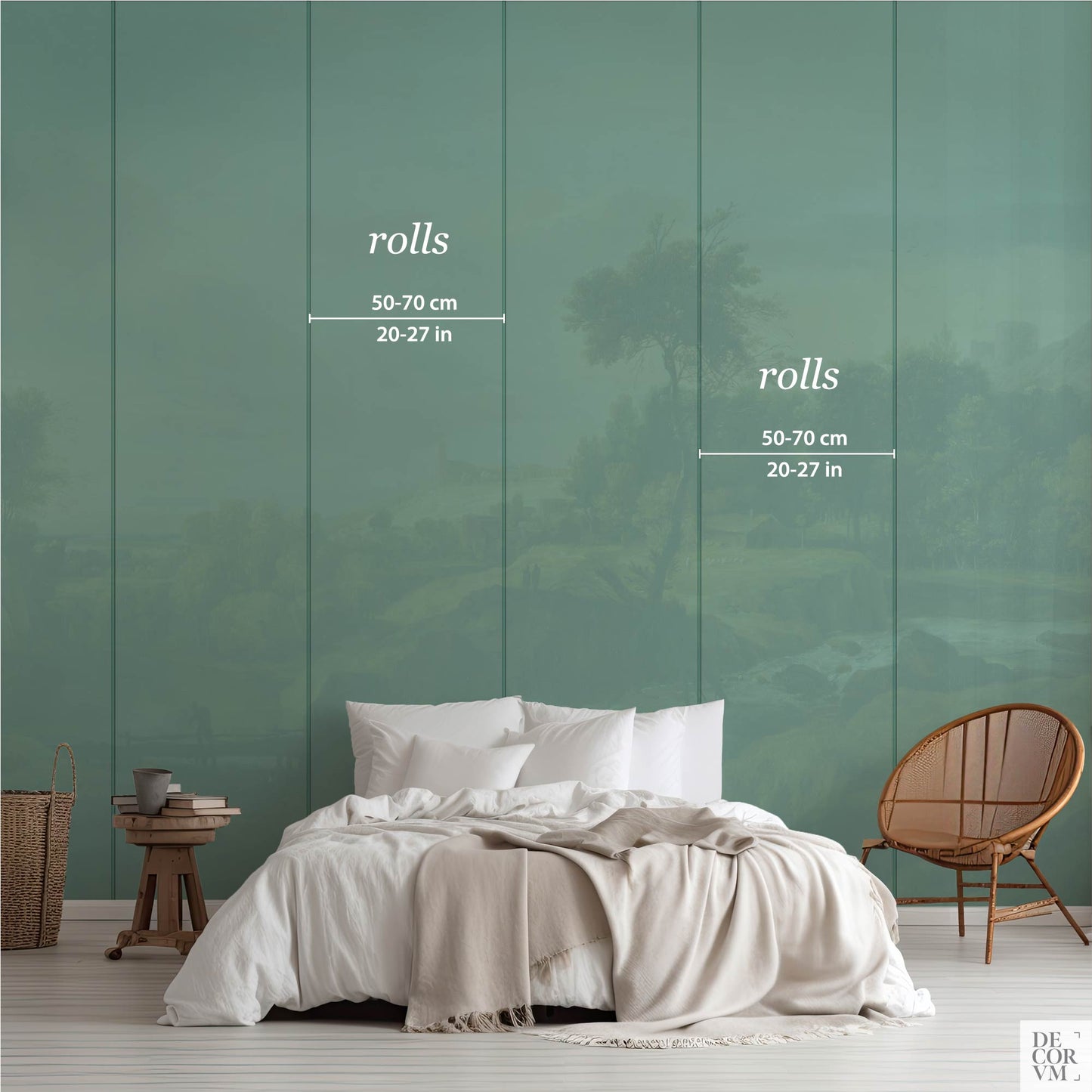 Waterfall Landscape Wallpaper Mural size guide—panel layout showing roll widths 50–70 cm (20–27 in) for scaling and ordering.
