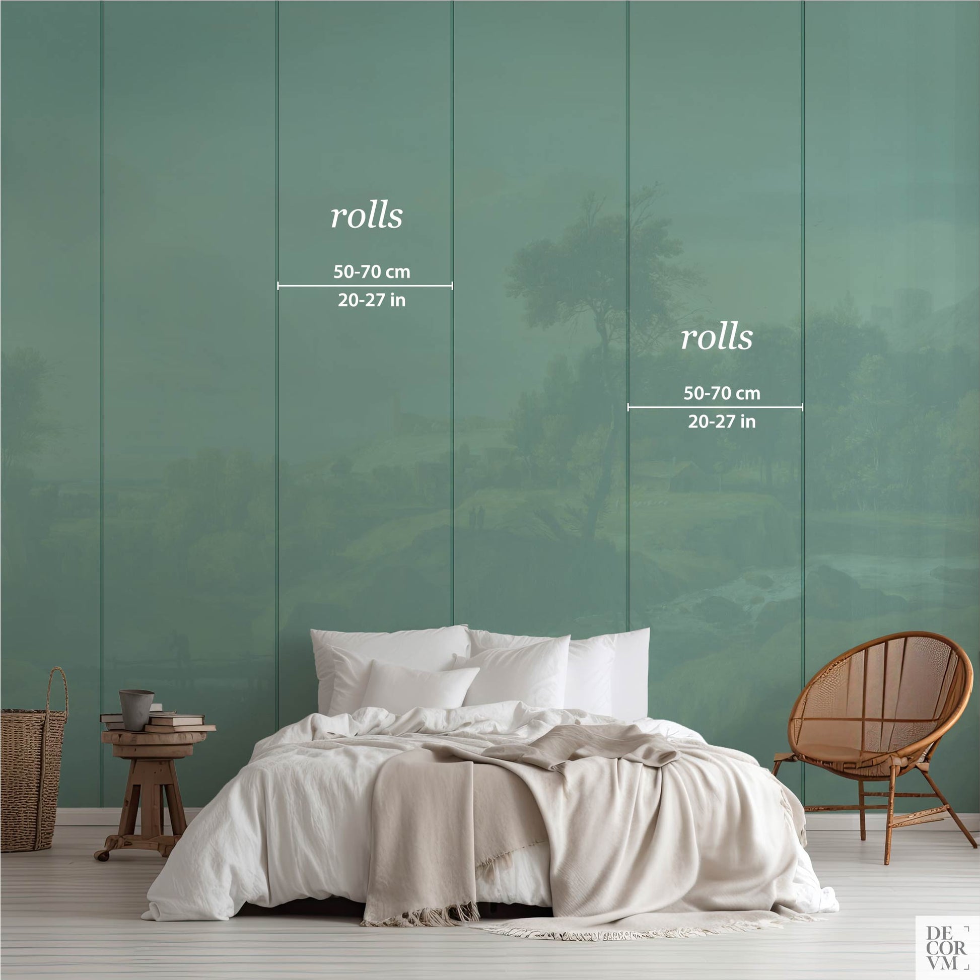 Waterfall Landscape Wallpaper Mural size guide—panel layout showing roll widths 50–70 cm (20–27 in) for scaling and ordering.