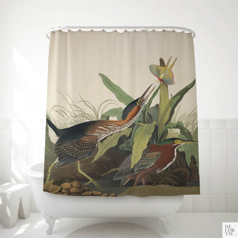 Antique Audubon green heron shower curtain in a styled bathroom setting — two vintage wetland birds among lush green foliage from Audubon's Birds of America, by Decorvm.