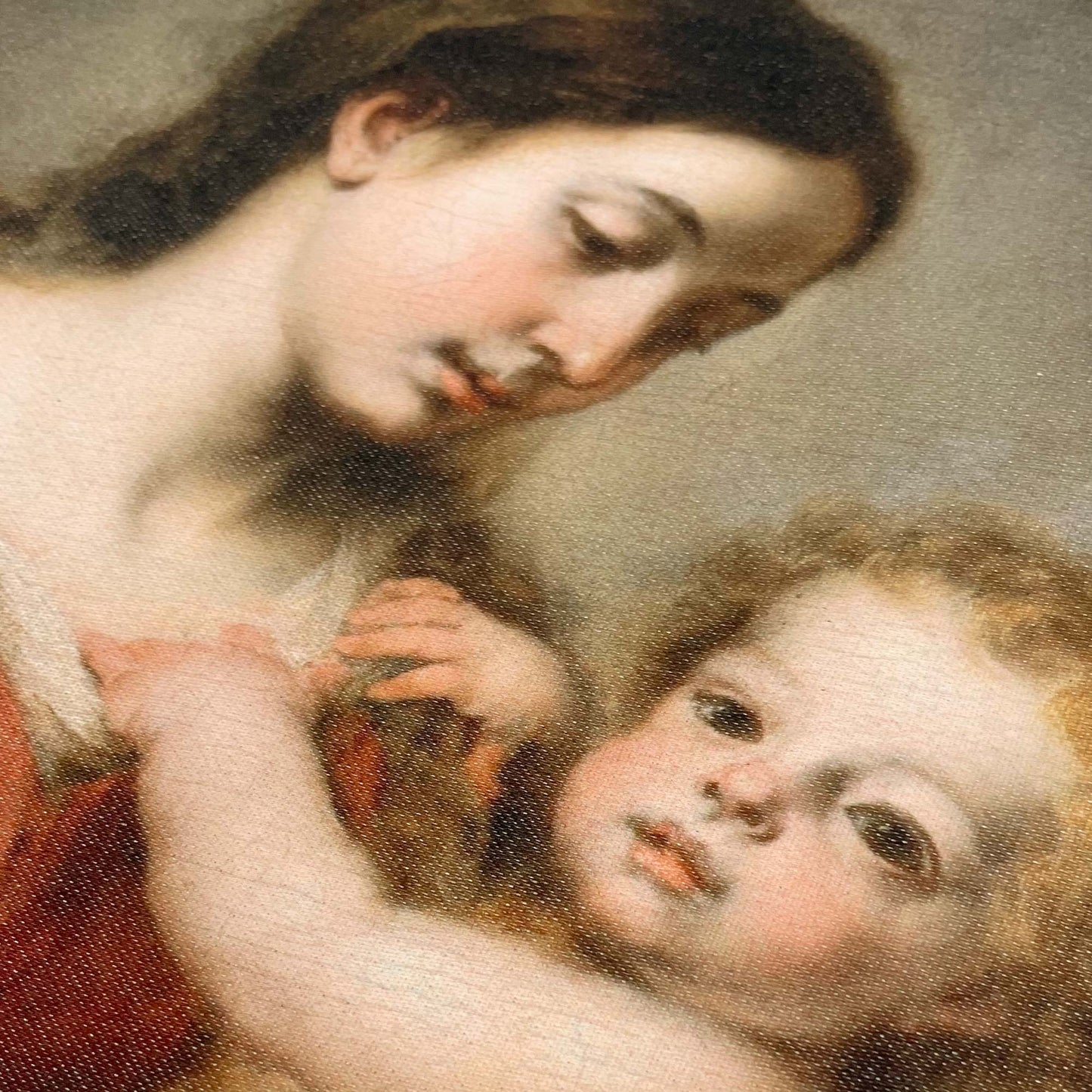 Macro of the Virgin's face and the infant's curls in soft Baroque light — painting detail from Murillo's Virgin and Child, ca. 1670–72.