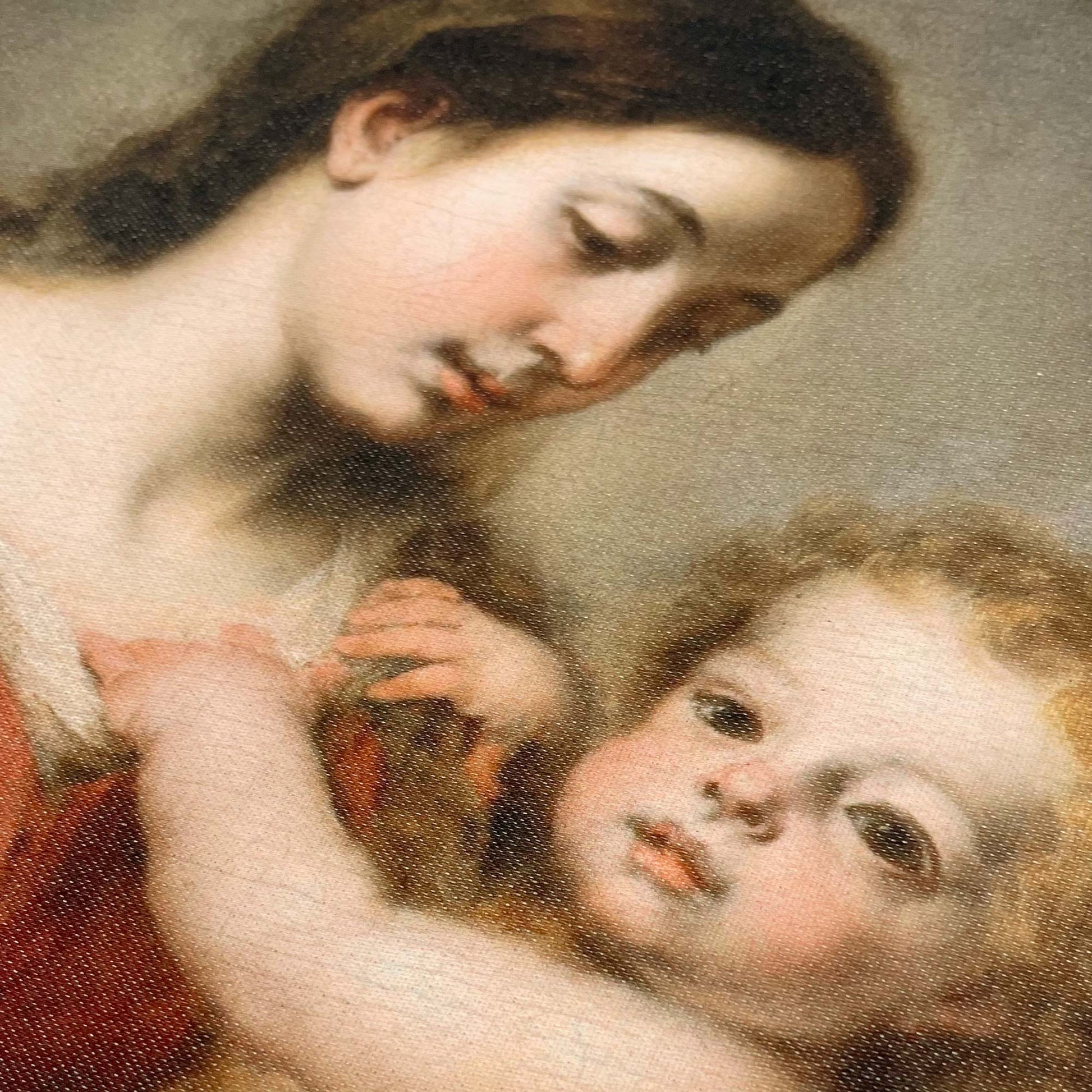 Macro of the Virgin's face and the infant's curls in soft Baroque light — painting detail from Murillo's Virgin and Child, ca. 1670–72.
