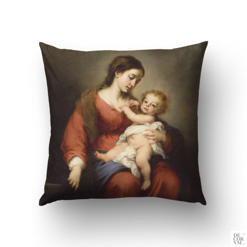 Murillo Virgin and Child throw pillow cover — ca. 1670–72 Spanish Baroque scene of mother and infant Christ in deep red robes by Decorvm.