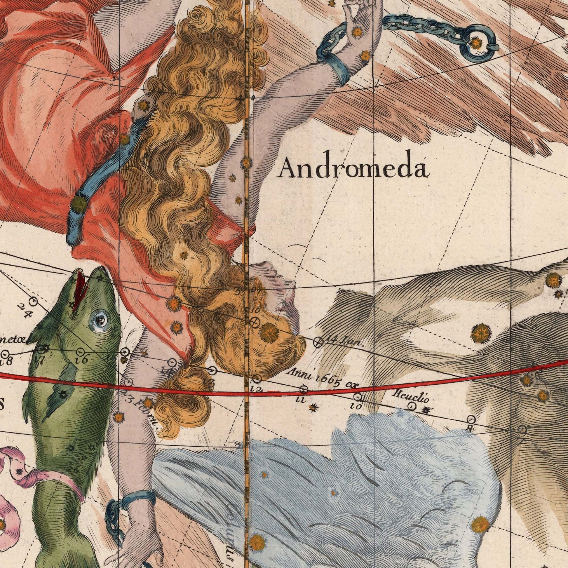 Macro textile detail of an antique 1693 star chart featuring the mythological figure of Andromeda from a historic French astronomical engraving.