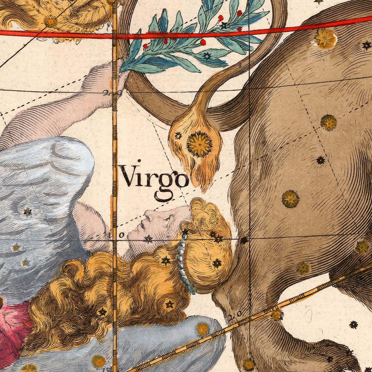 Virgo maiden constellation in a flowing robe — engraving detail from the 1693 Pardies celestial star chart.