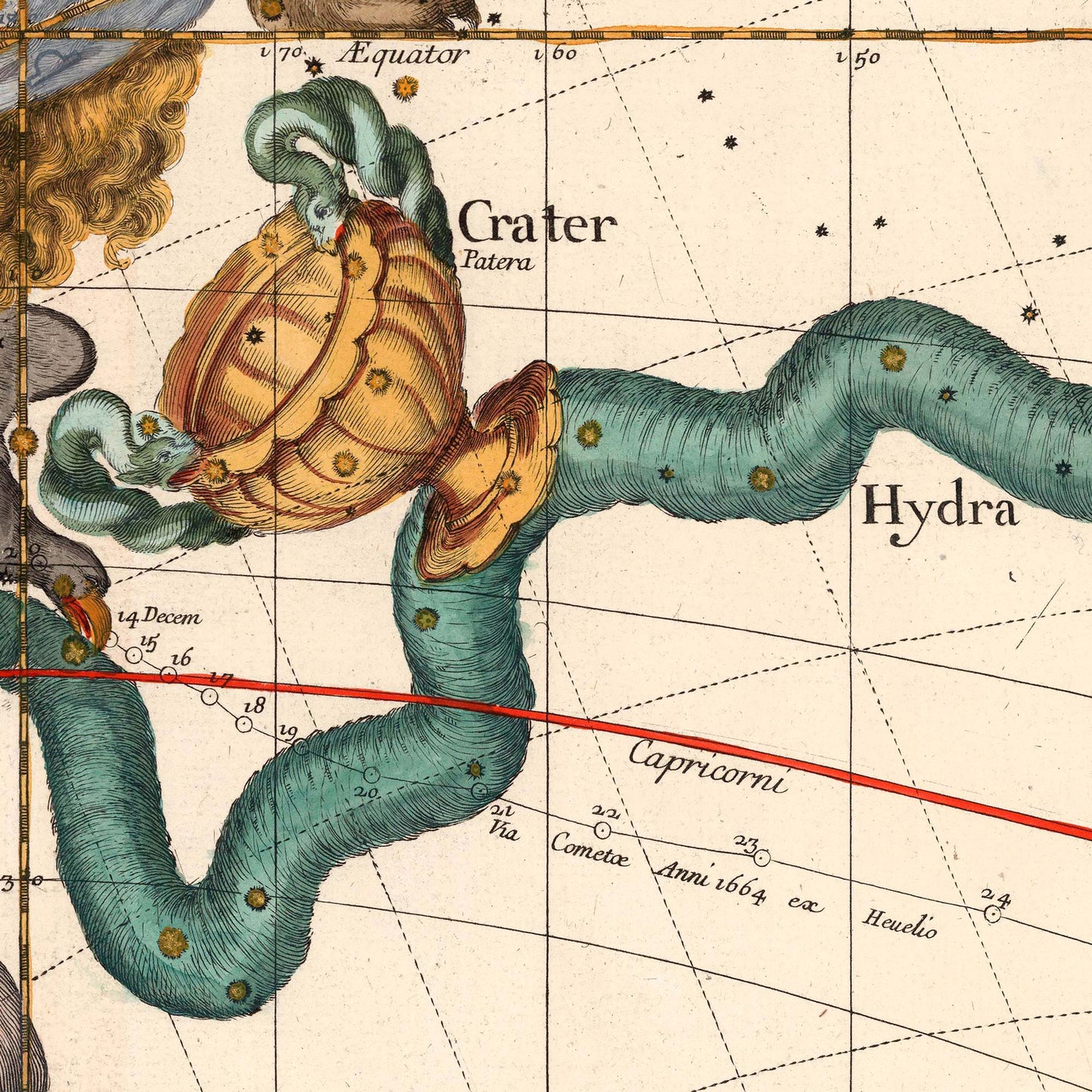 Crater cup and Hydra snake constellations — engraving detail from the 1693 Pardies celestial star chart.
