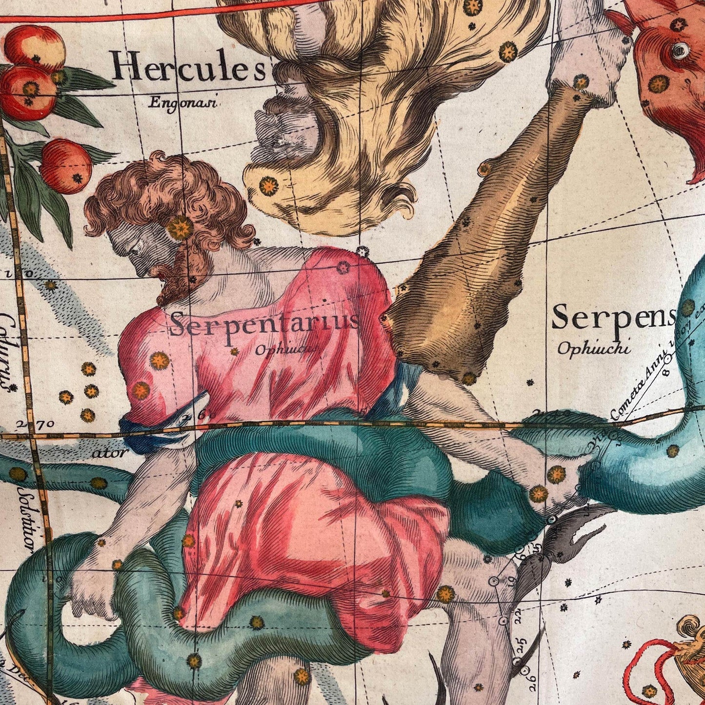 Hercules and Serpentarius mythological figures — design detail from the 1693 Pardies celestial star chart tapestry.
