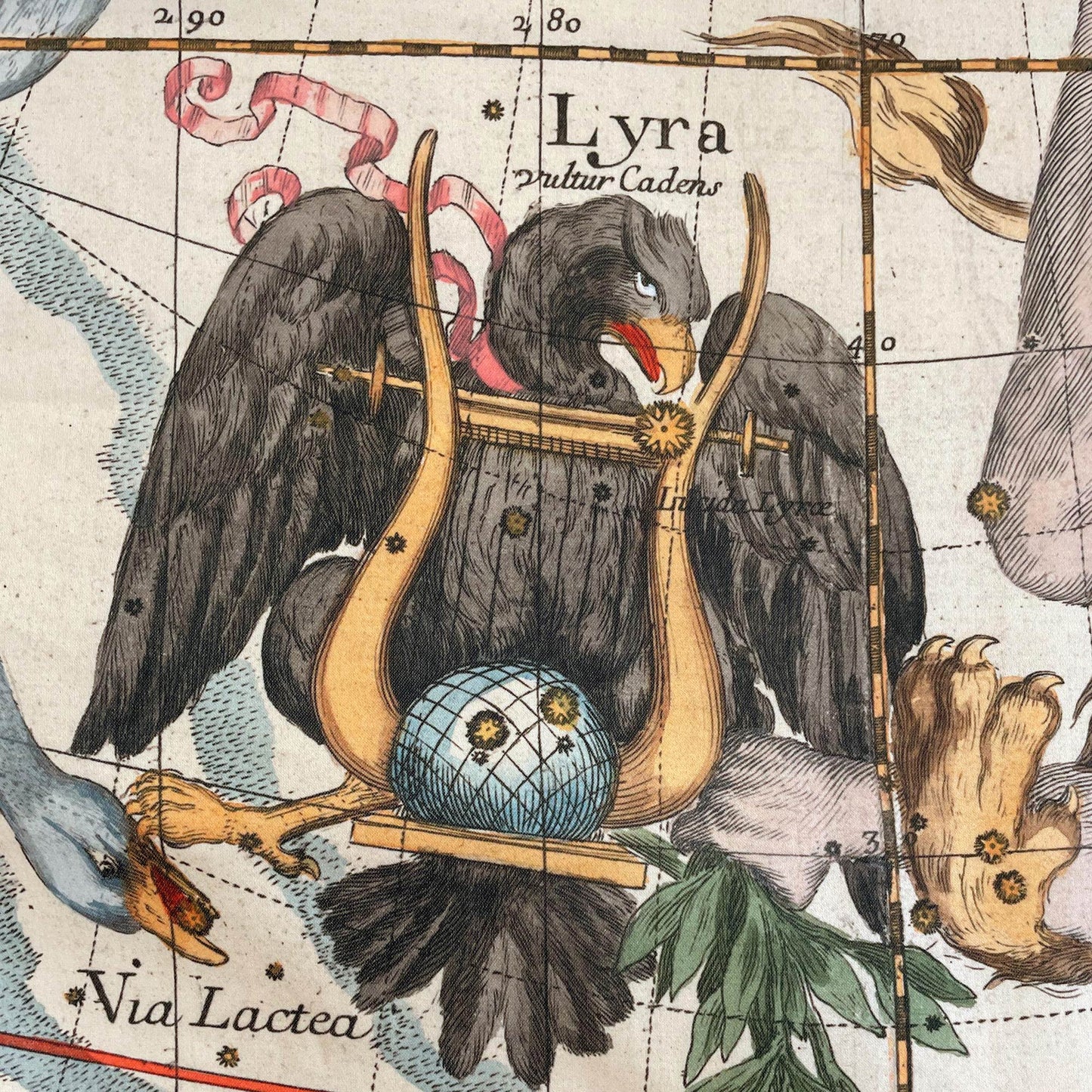 Lyra constellation with eagle and lyre — design detail from the 1693 Pardies celestial star chart tapestry.