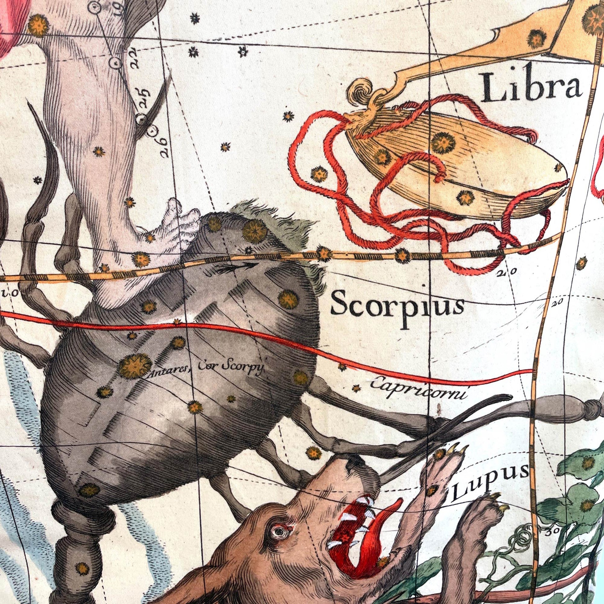 Scorpius, Libra, and Lupus constellations — design detail from the 1693 Pardies celestial star chart tapestry.